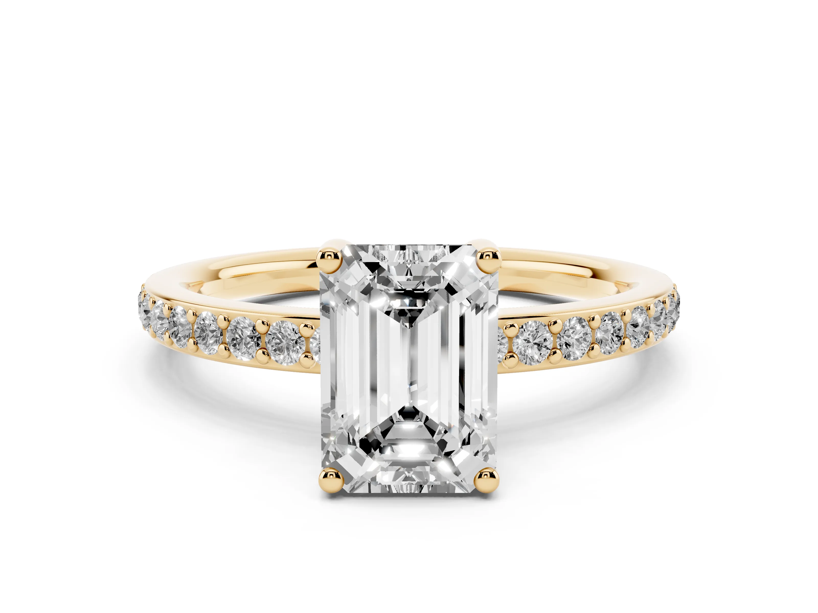 Emerald Cut Diamond Pavé Band Ring Set in Yellow gold with Prong-Set Center Stone
