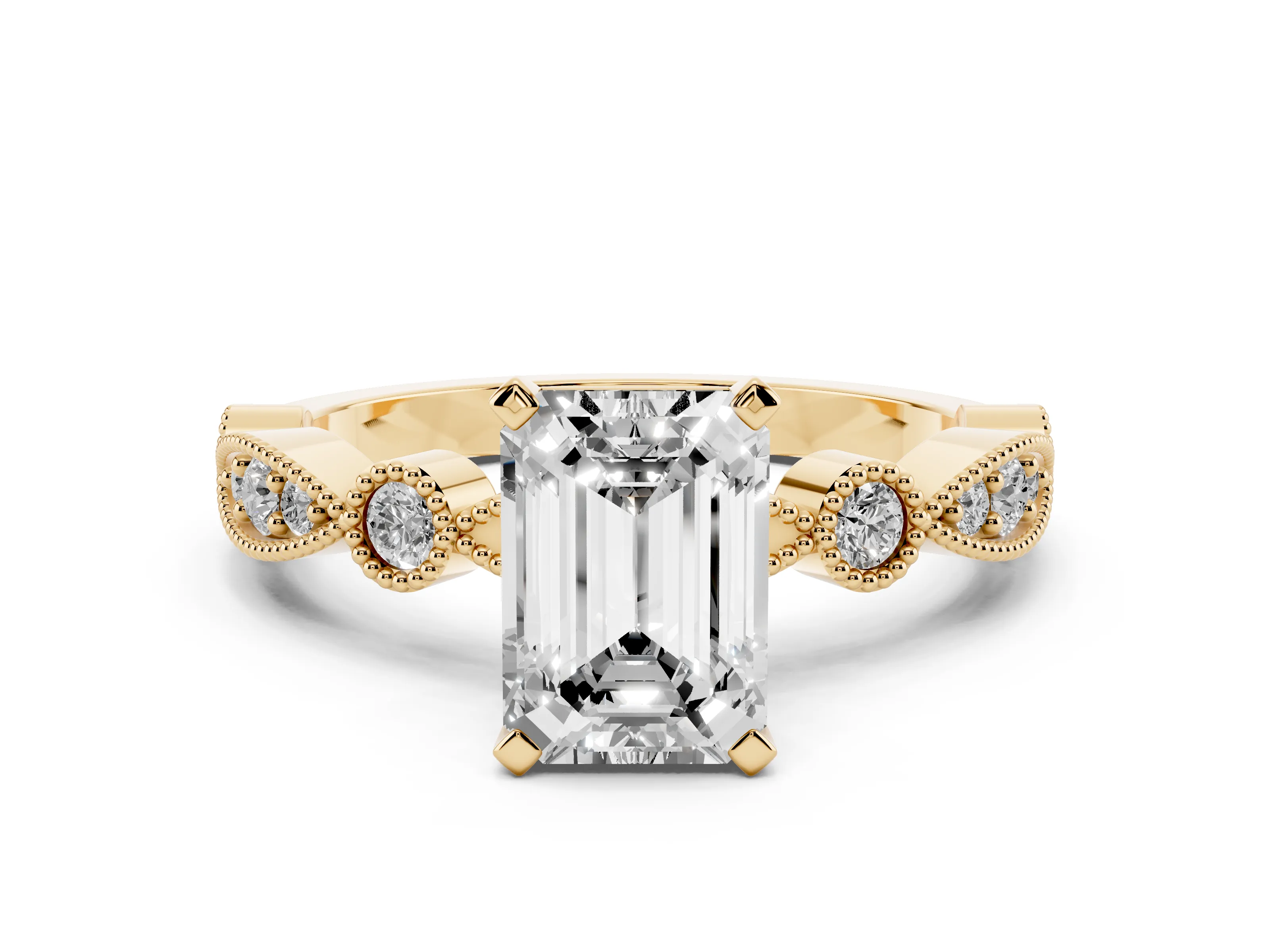 Emerald Cut Diamond Solitaire Engagement Ring Set in Yellow gold with Milgrain Bezel Accent Band