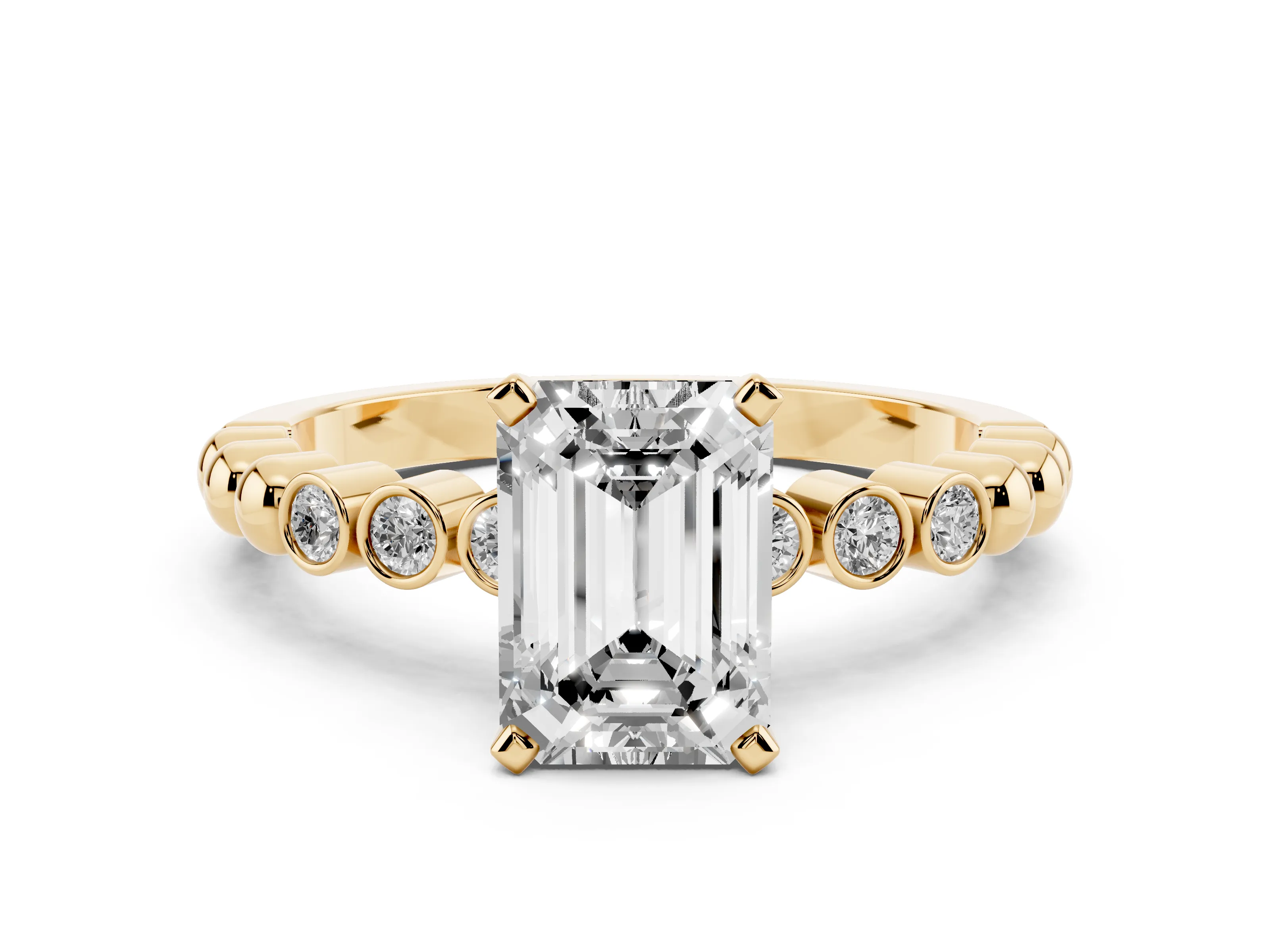 Emerald Cut Diamond Solitaire Engagement Ring Set in Yellow gold with Bezel Accents on Beaded Band
