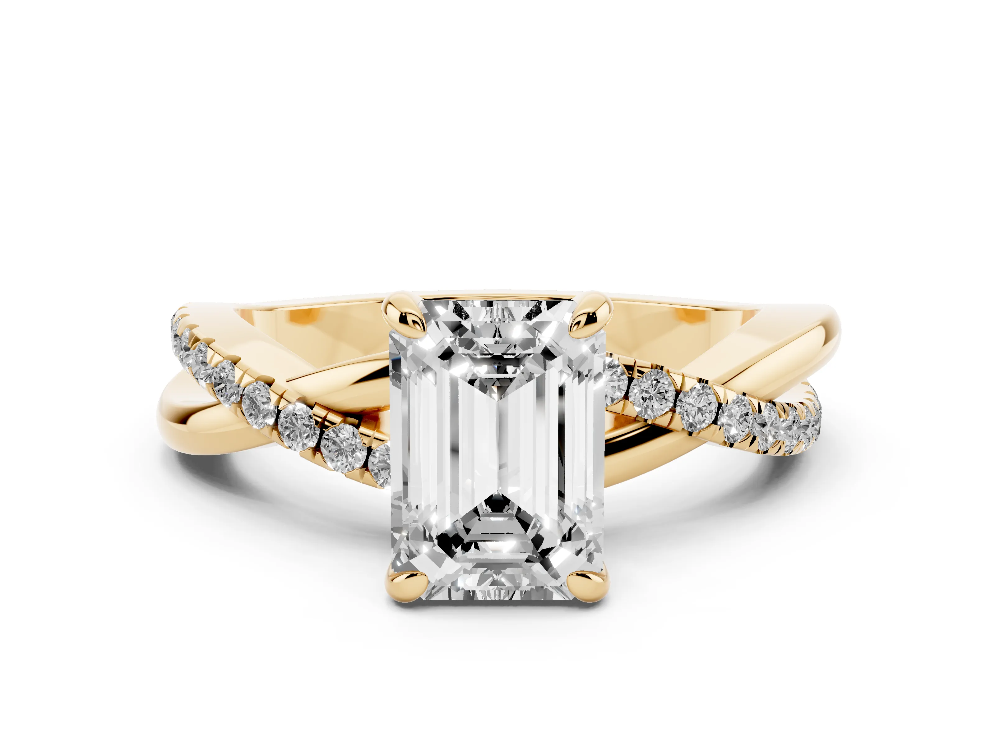 Emerald Cut Diamond Twist Band Solitaire Set in Yellow gold with Pavé Accents and Prong Setting