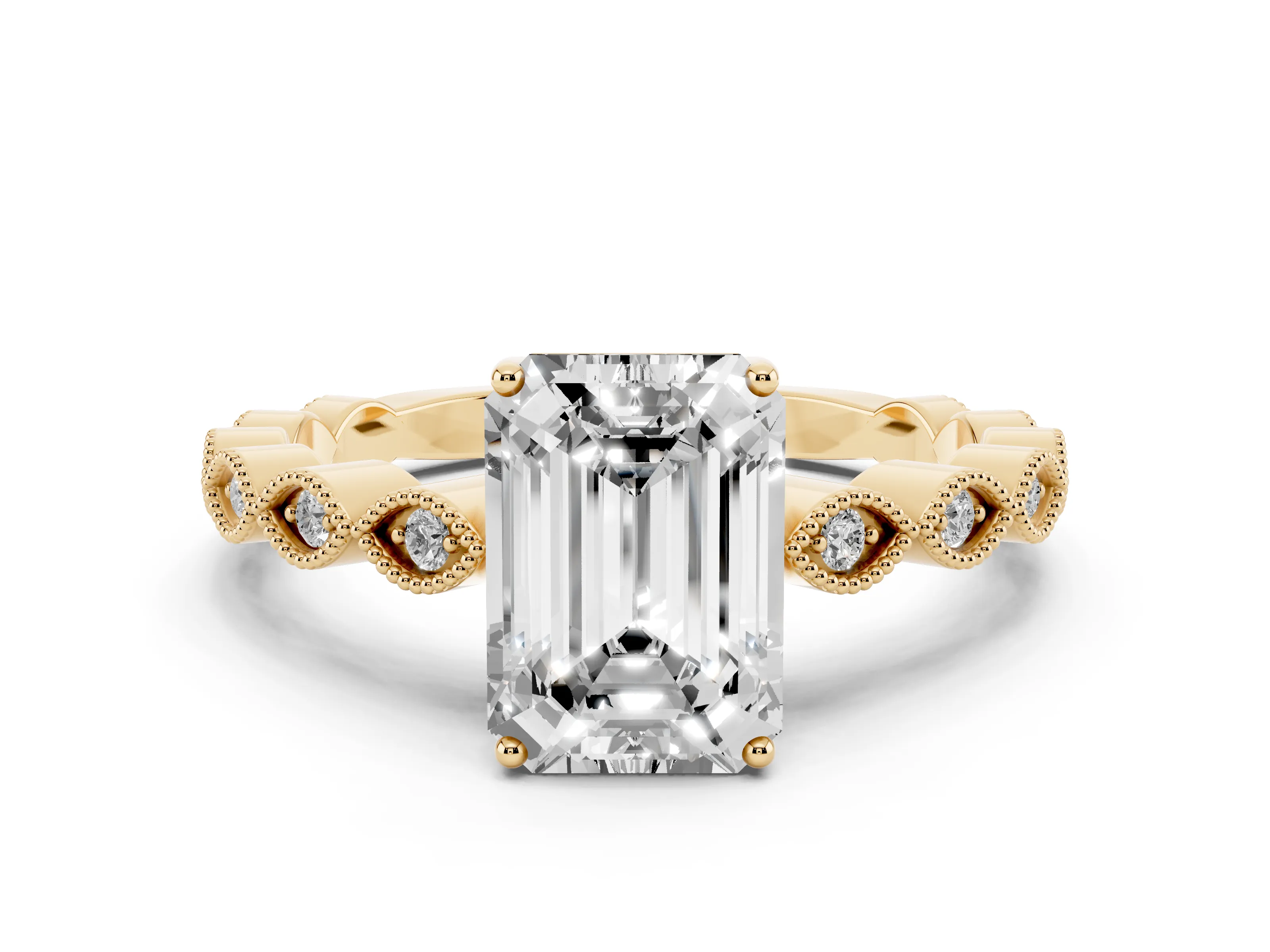 Emerald Cut Diamond Solitaire Ring Set in Yellow gold with Infinity Twist Pavé Band