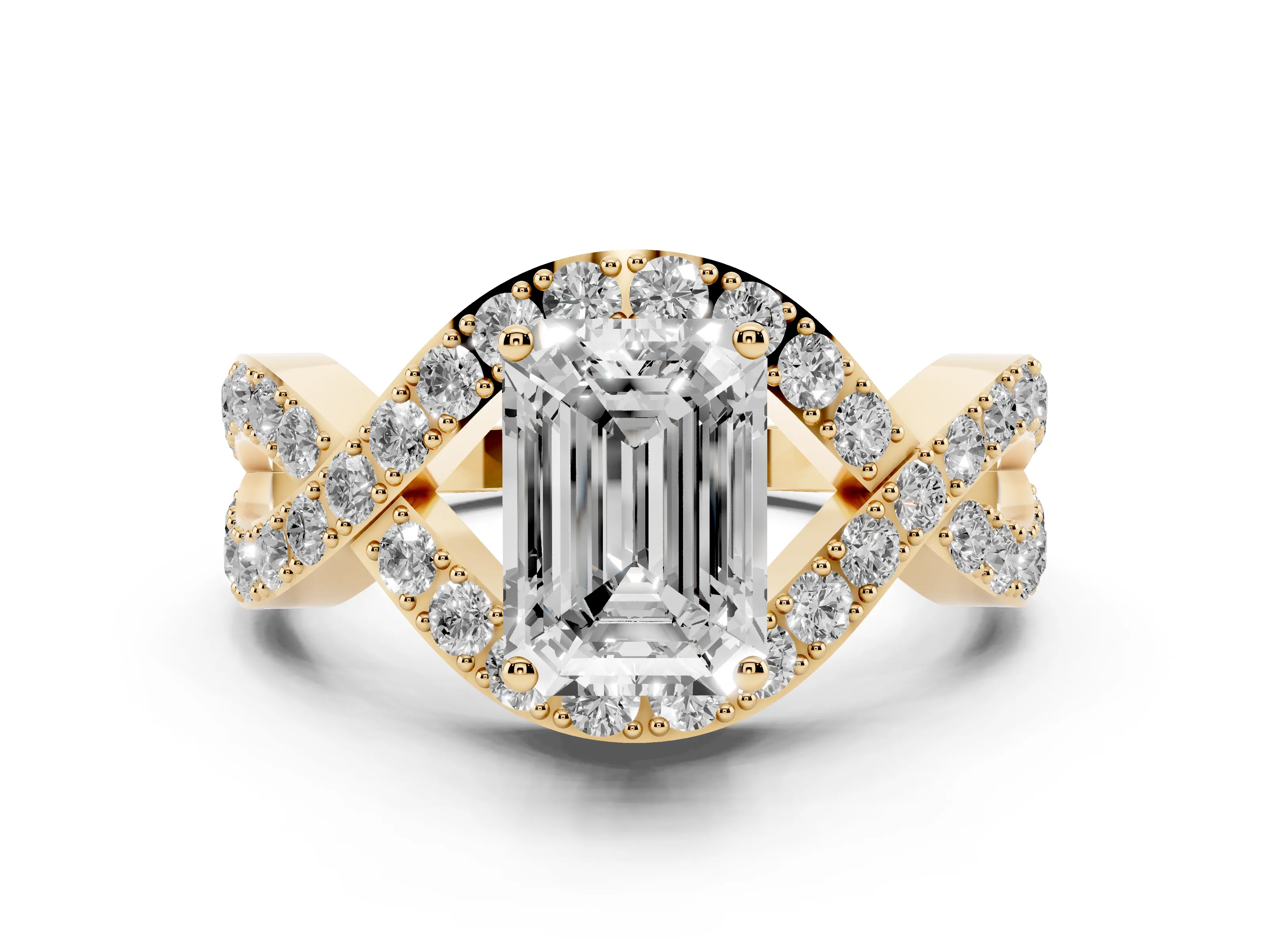 Emerald Cut Diamond Solitaire Twist Band Pavé Engagement Ring Set in Yellow gold