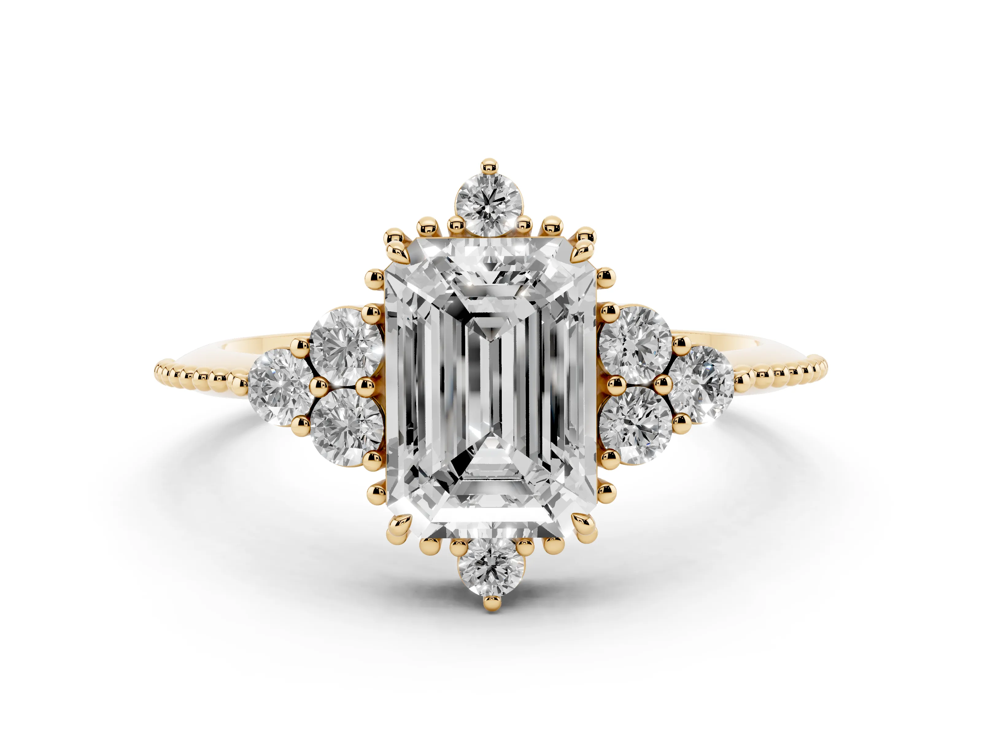 Emerald Cut Diamond Cluster Ring Set in Yellow gold with Beaded Band