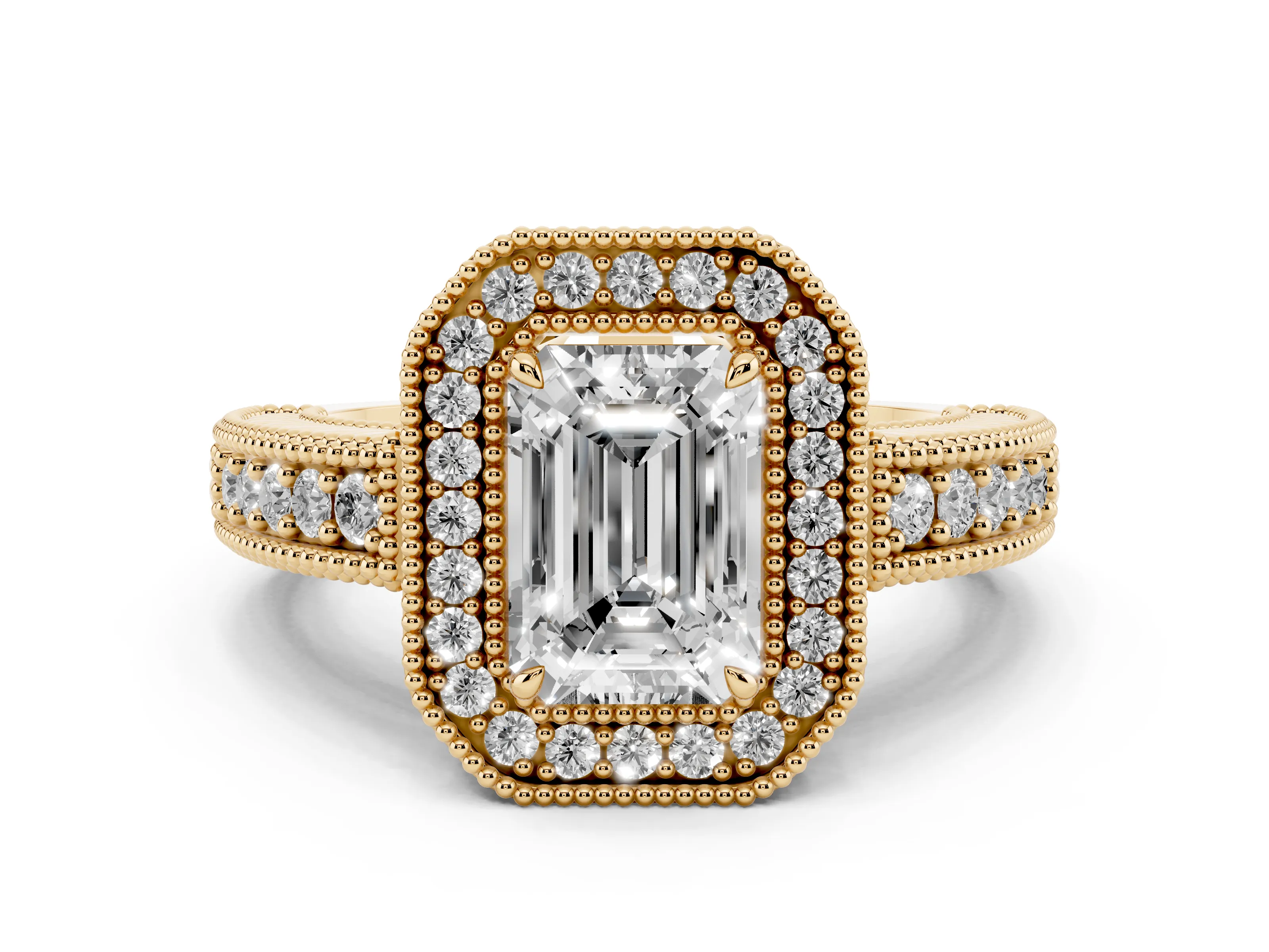 Emerald Cut Diamond Halo Ring Set in Yellow gold with Round Accent Halo, Pavé Band and Prong Setting