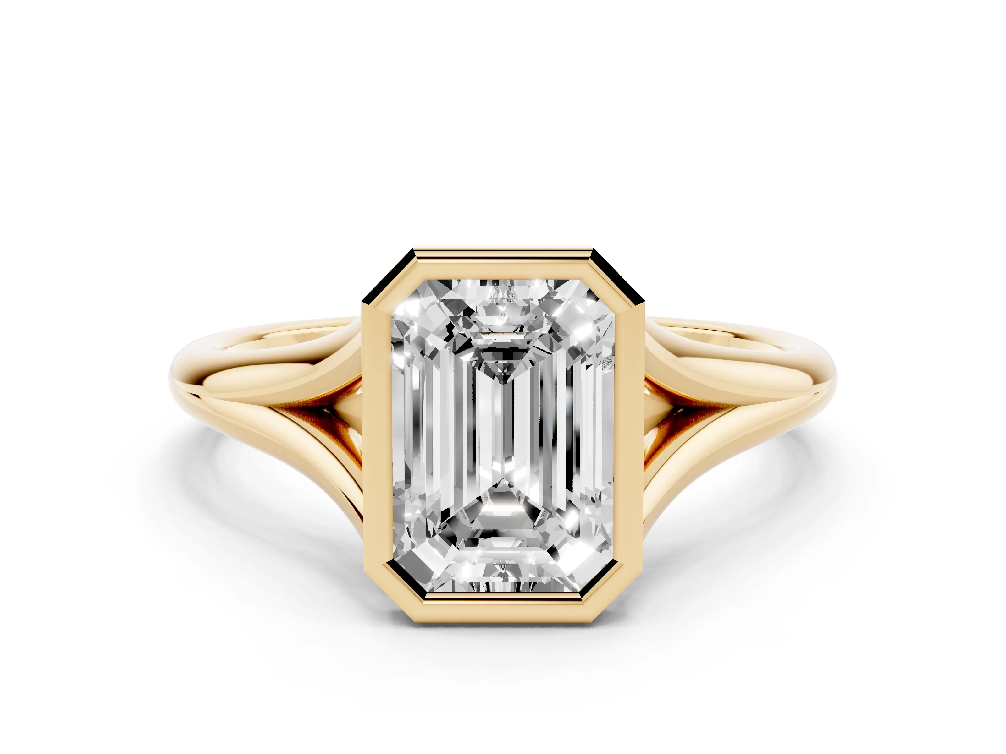 Bezel Set Emerald Cut Diamond Solitaire Ring Set in Yellow gold with Tapered Band