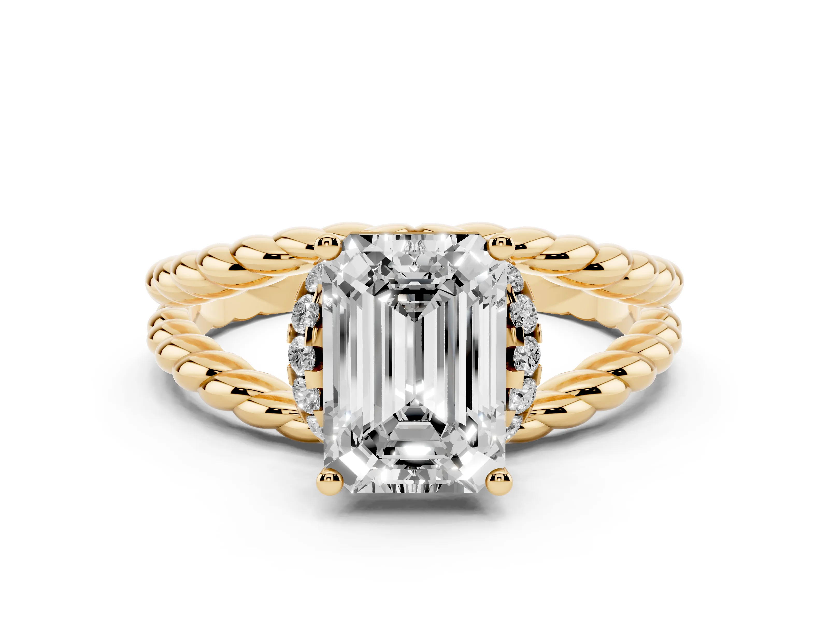 Emerald Cut Diamond Halo Ring Set in Yellow gold with Twisted Band and Prong Setting