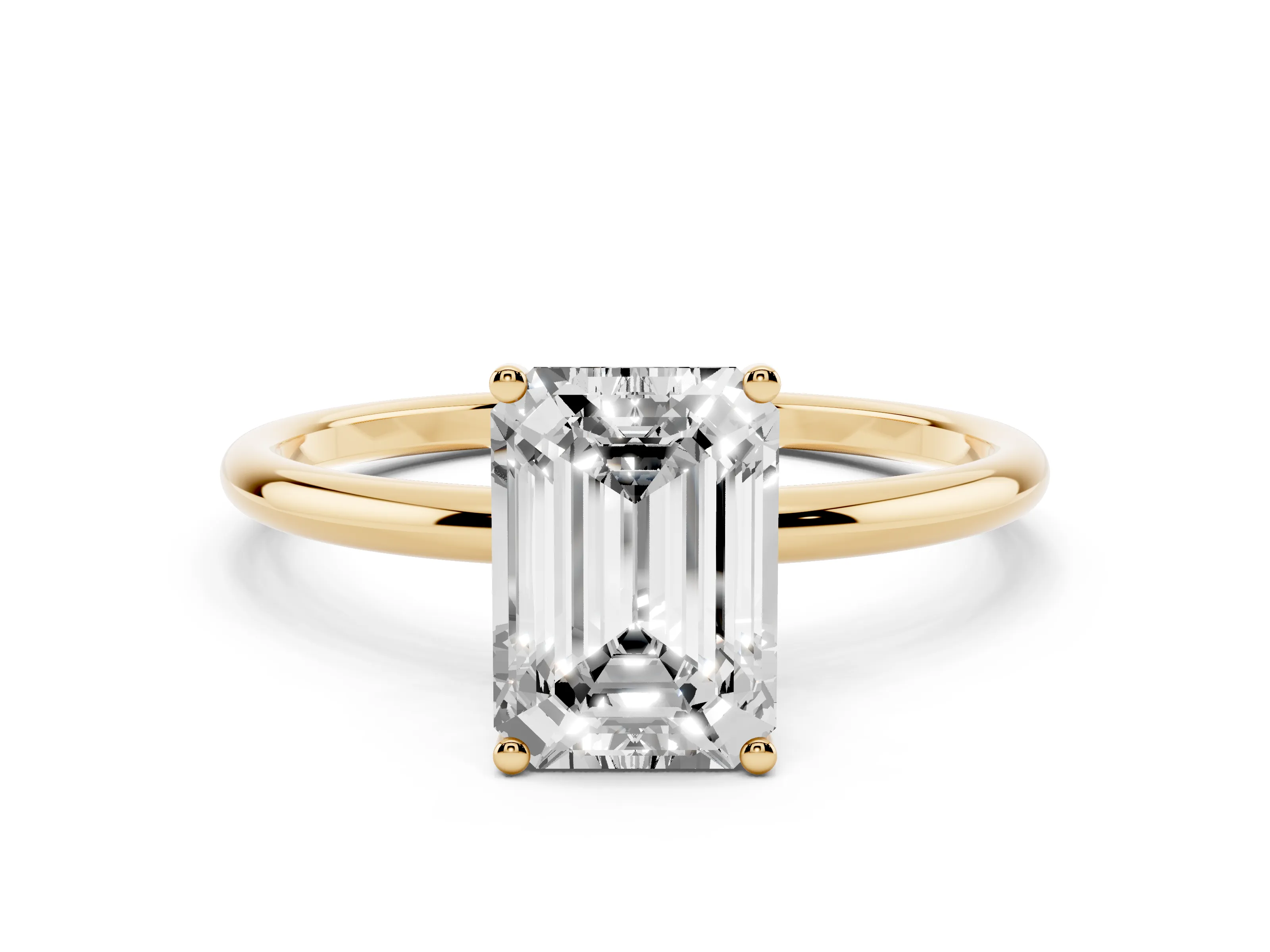 Emerald Cut Diamond Solitaire Engagement Ring Set in Yellow gold with Thin Band and Prong Setting