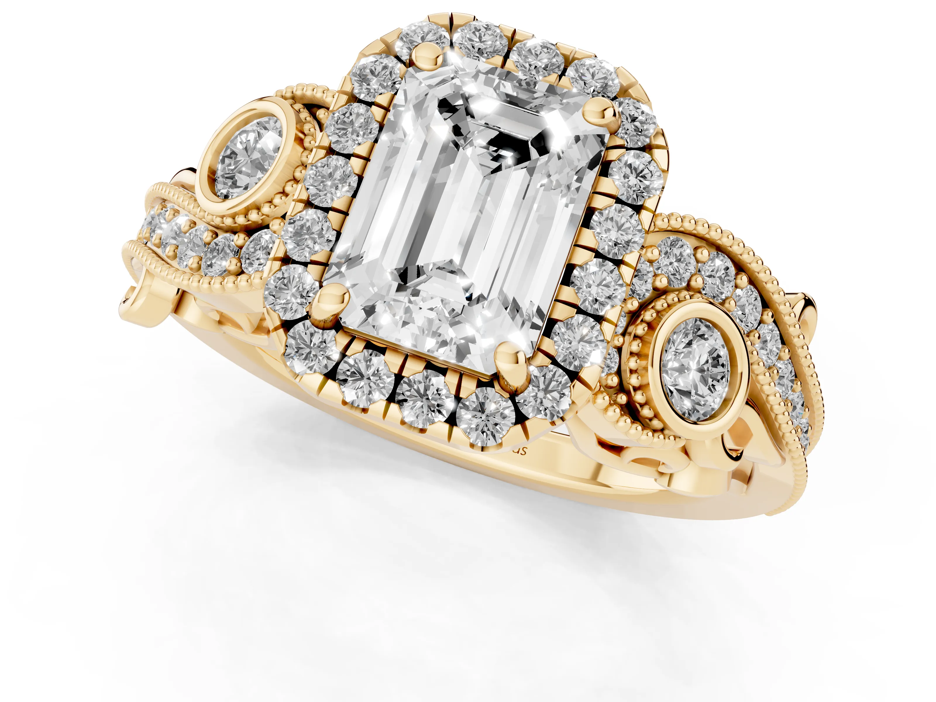 Emerald Cut Diamond Halo Ring Set in Yellow gold with Milgrain Pavé Band and Prong Setting