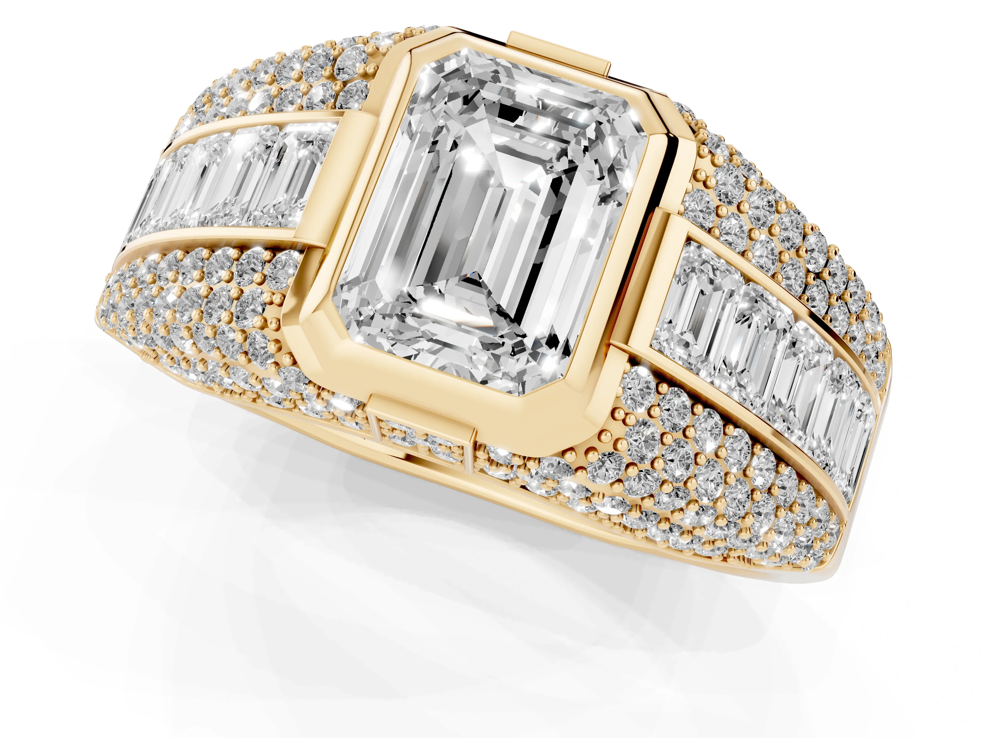 Emerald Cut Diamond Mens Ring Set in Yellow gold with Structured Side Stones and Pavé Shoulders