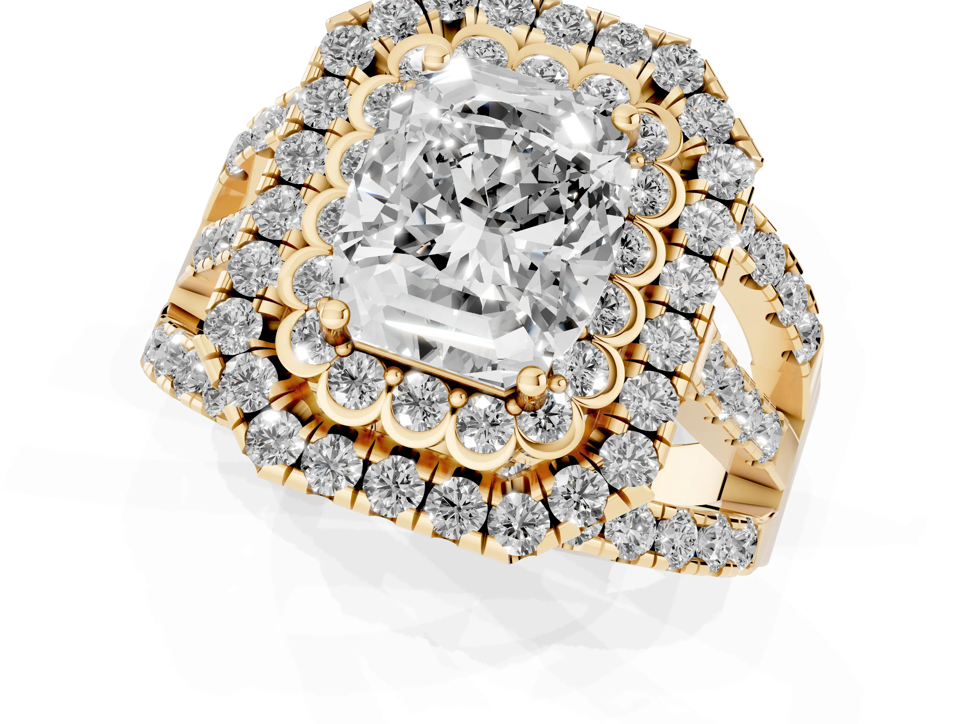 Emerald Cut Diamond Double Halo Ring Set in Yellow gold with Round Pavé Split Shank