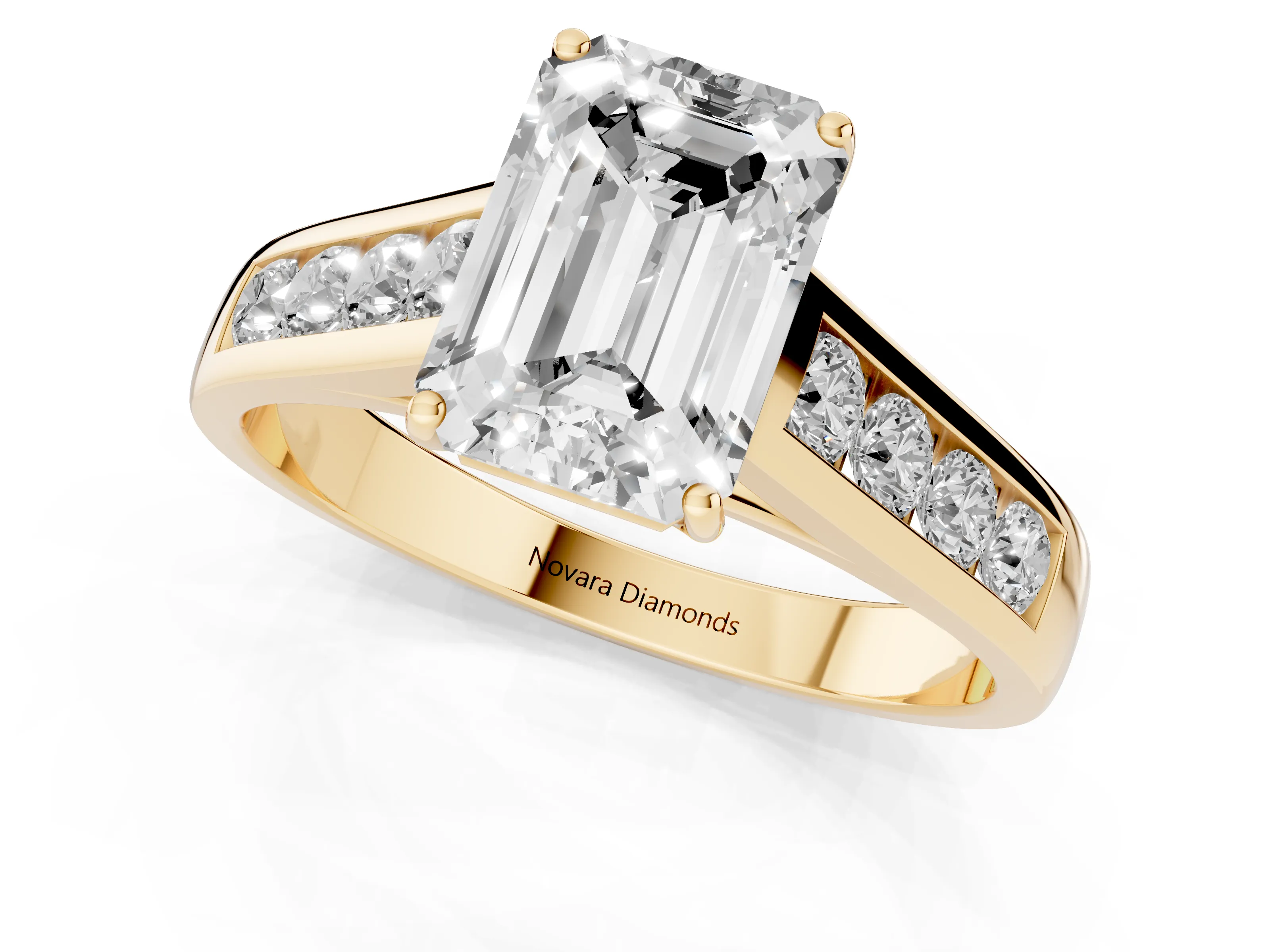 Emerald Cut Diamond Brilliant Channel-Set Solitaire Ring Set in Yellow gold with Prong Setting