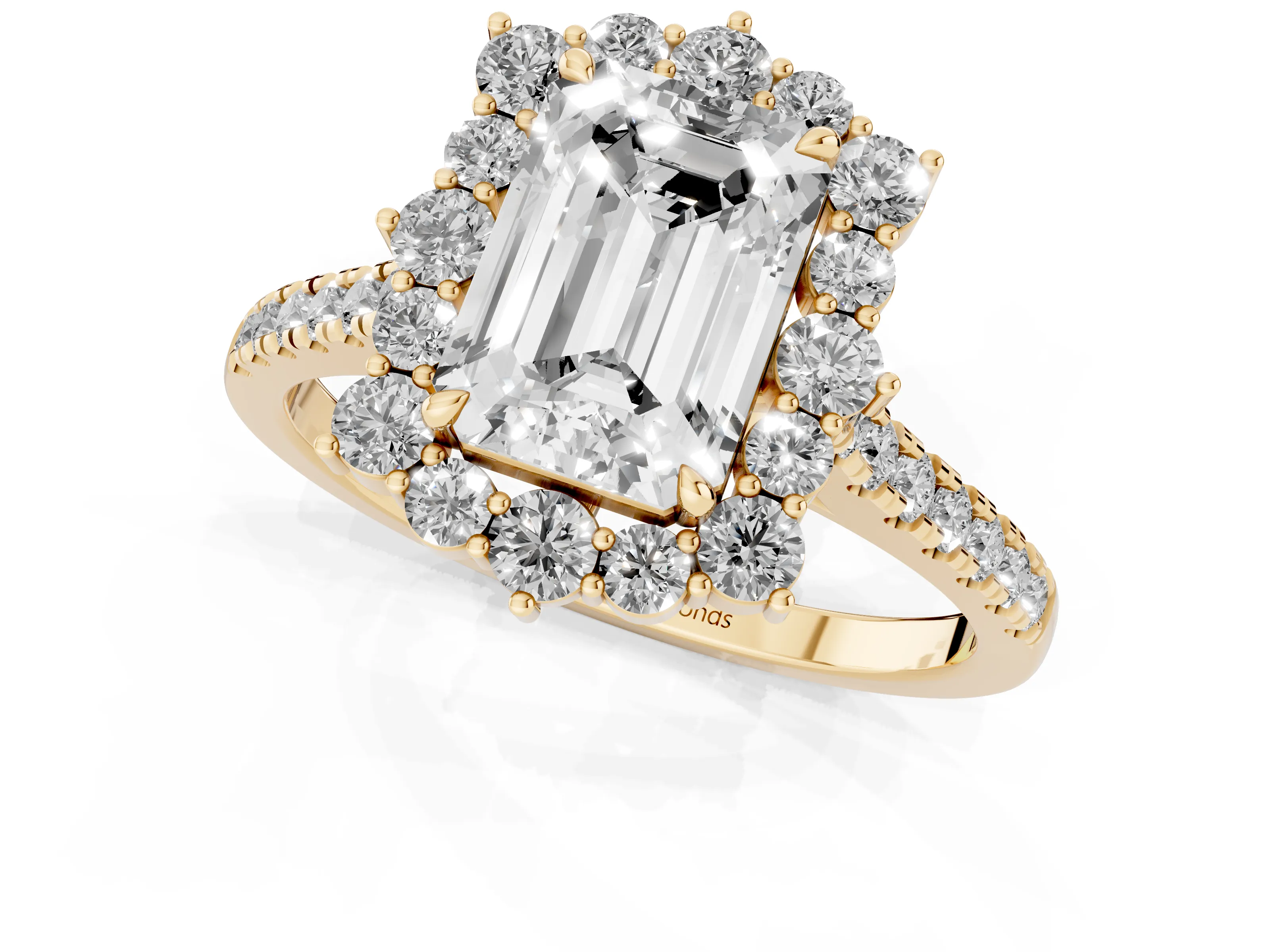 Emerald Cut Diamond Halo Ring Set in Yellow gold with Pavé Band and Prong Setting