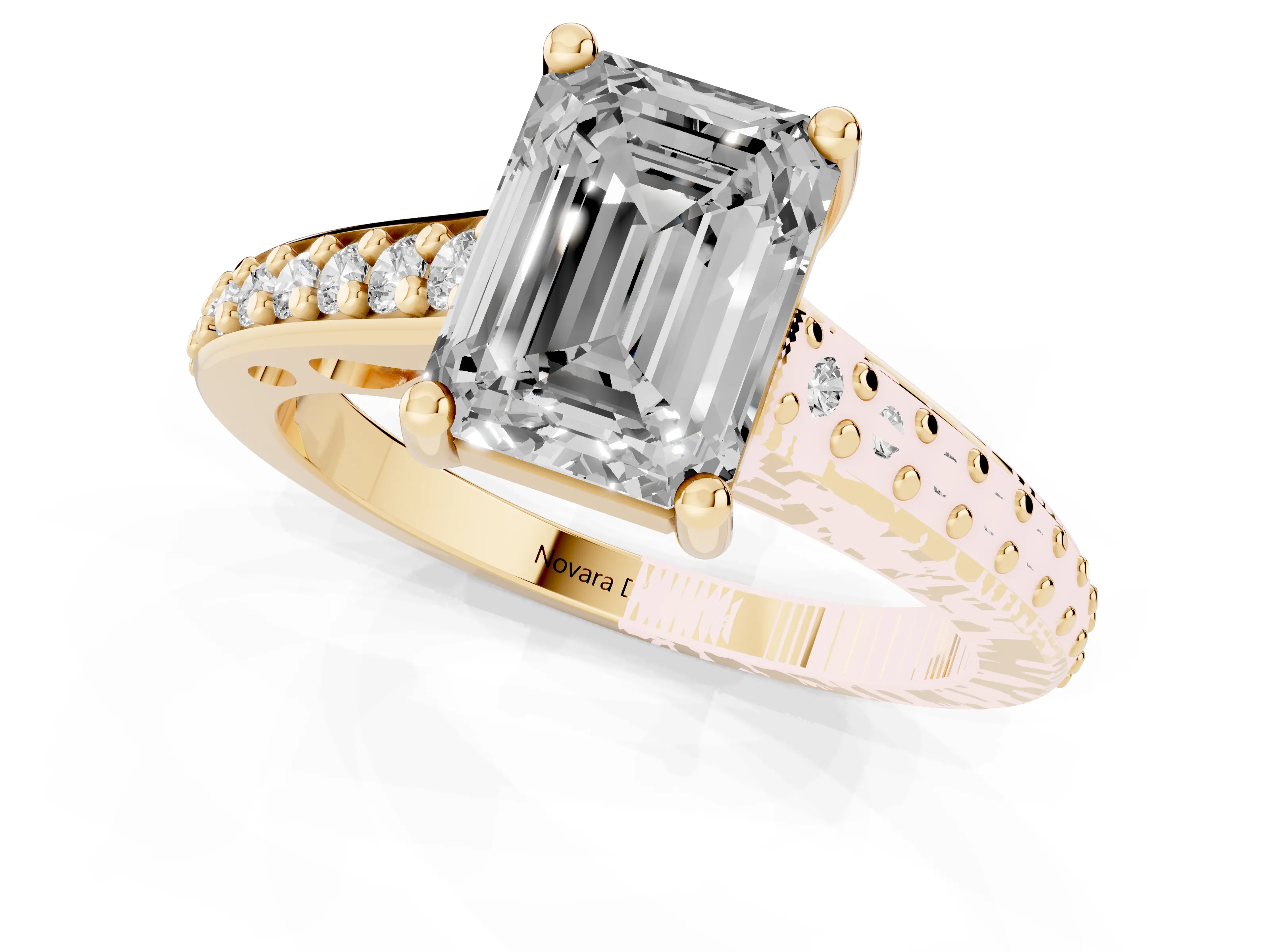 Emerald Cut Diamond Prong Set Solitaire Engagement Ring Set in Yellow gold with Pavé Band