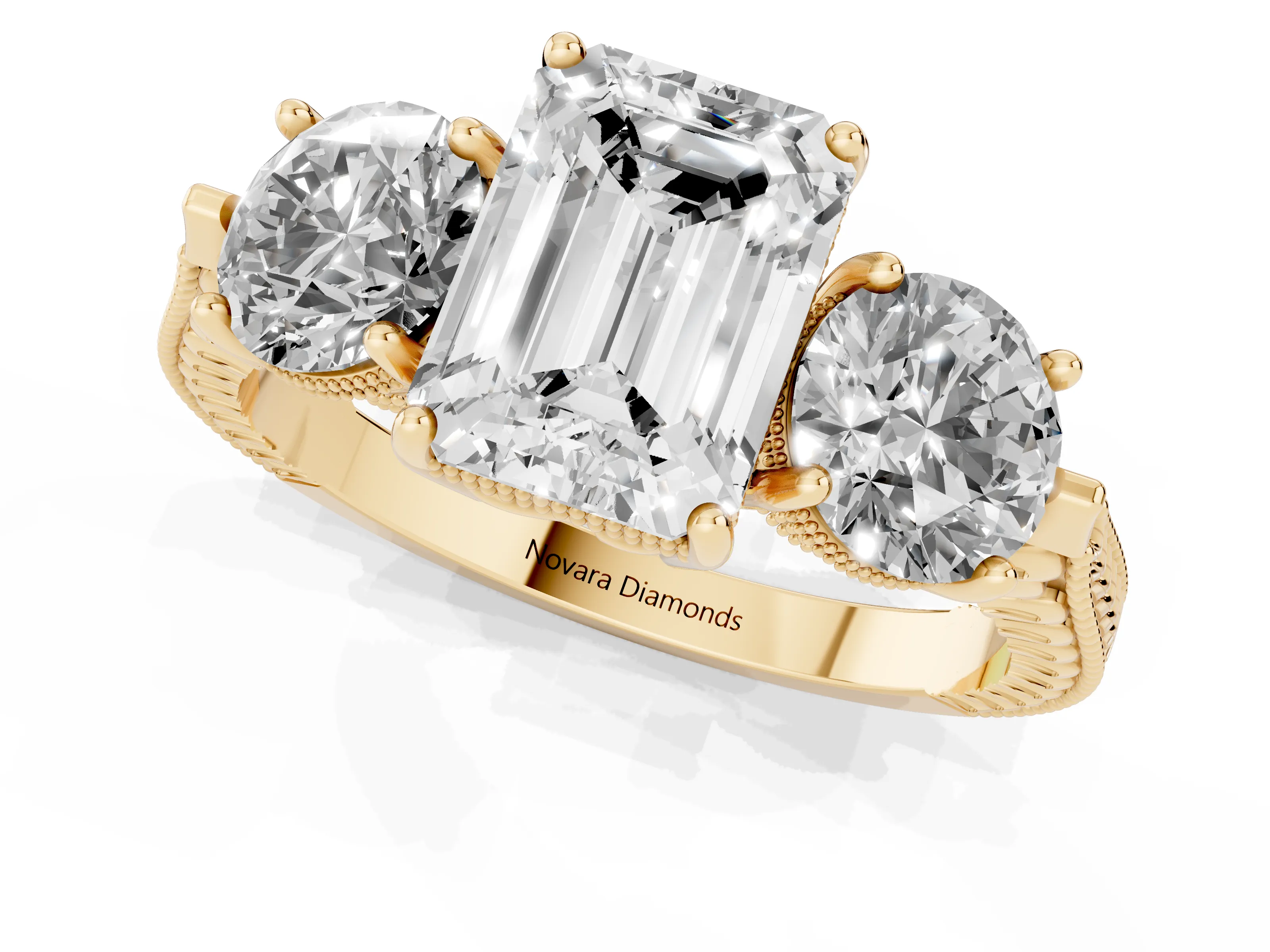 Emerald Cut Diamond Three-Stone Ring Set in Yellow gold with Milgrain Band