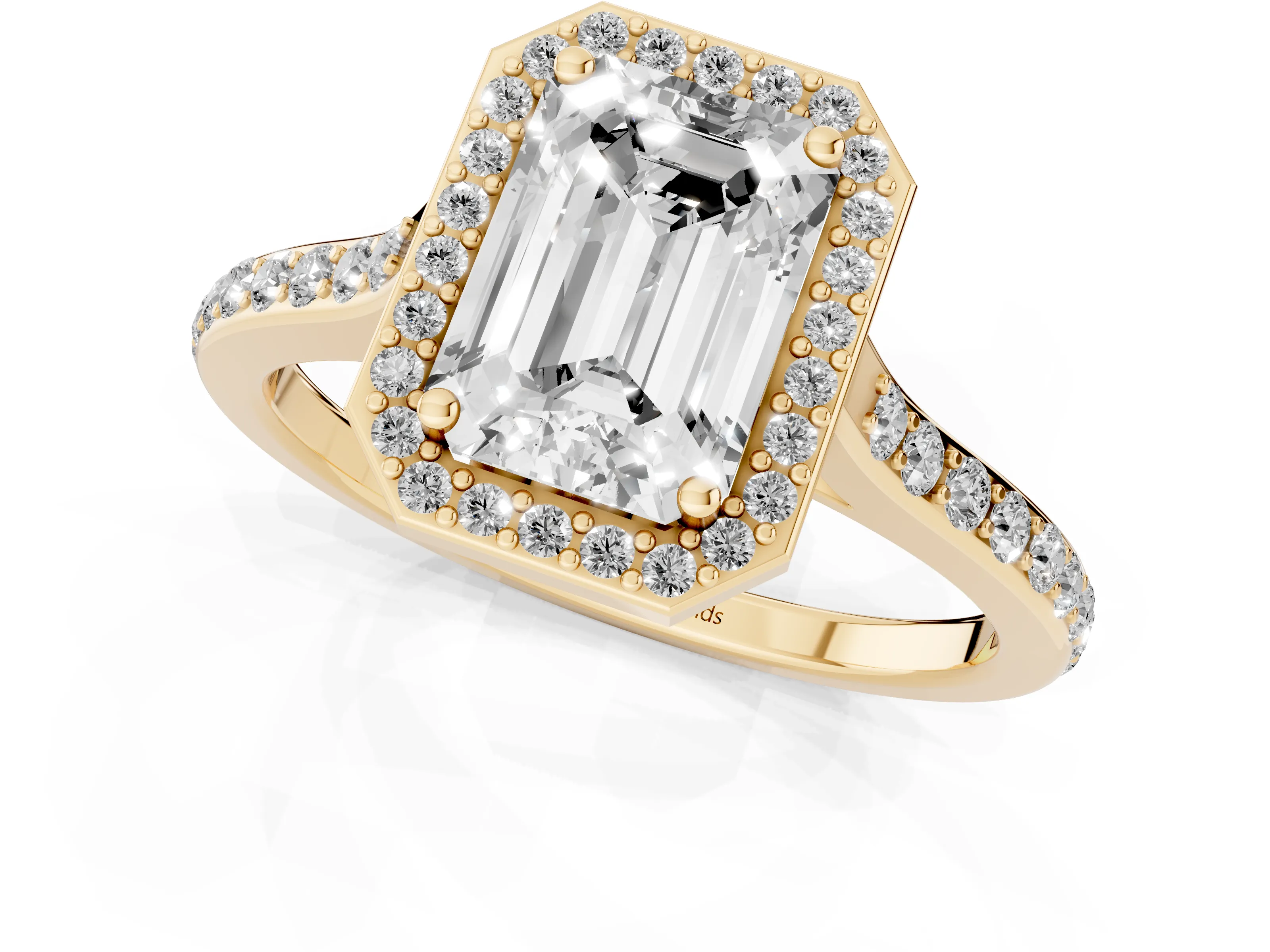 Emerald Cut Diamond Halo Engagement Ring Set in Yellow gold with Round Pavé Shoulders and Heart Gallery – second view