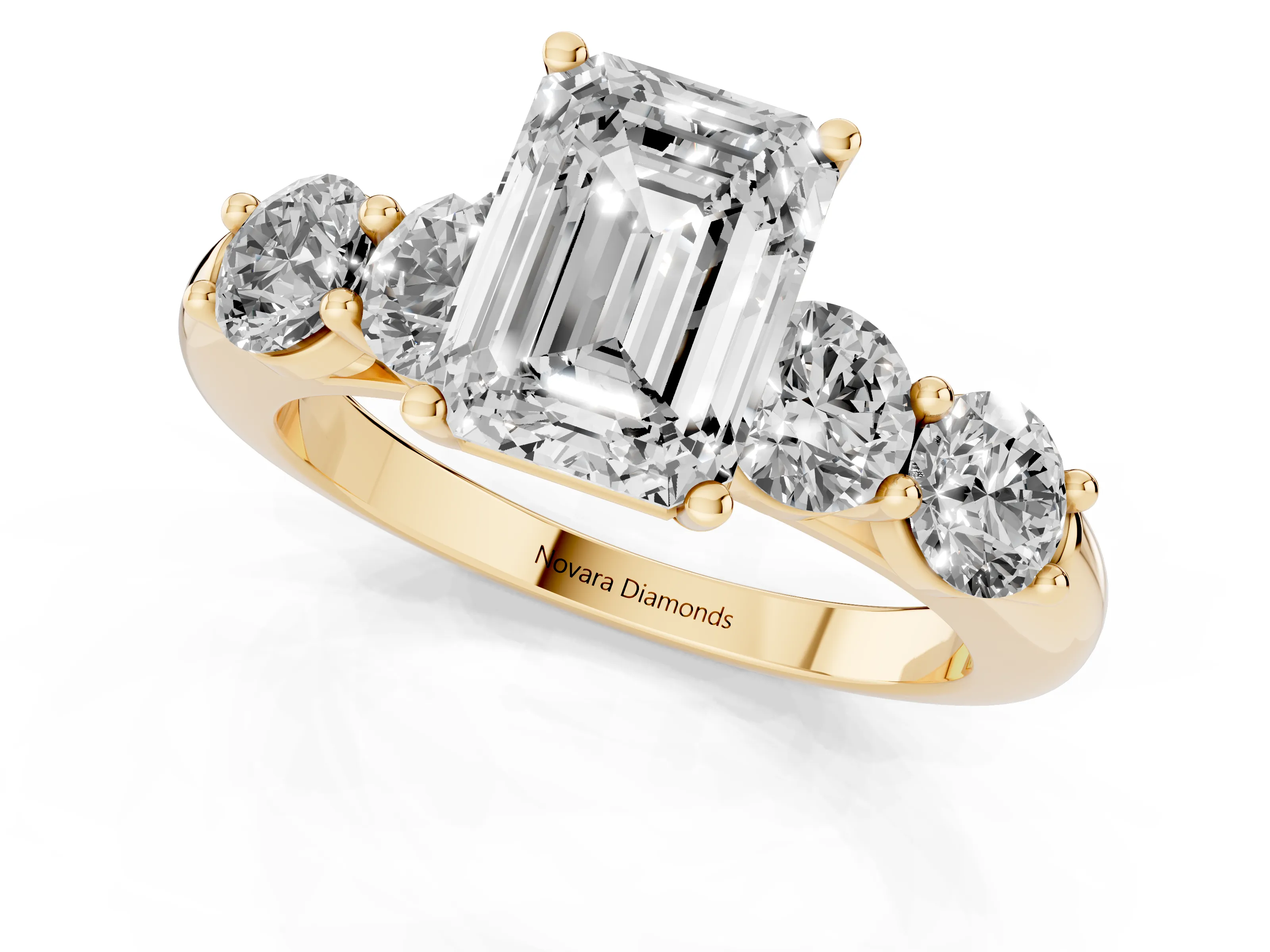 Emerald Cut Diamond Five-Stone Prong Set Ring Set in Yellow gold with Classic Band