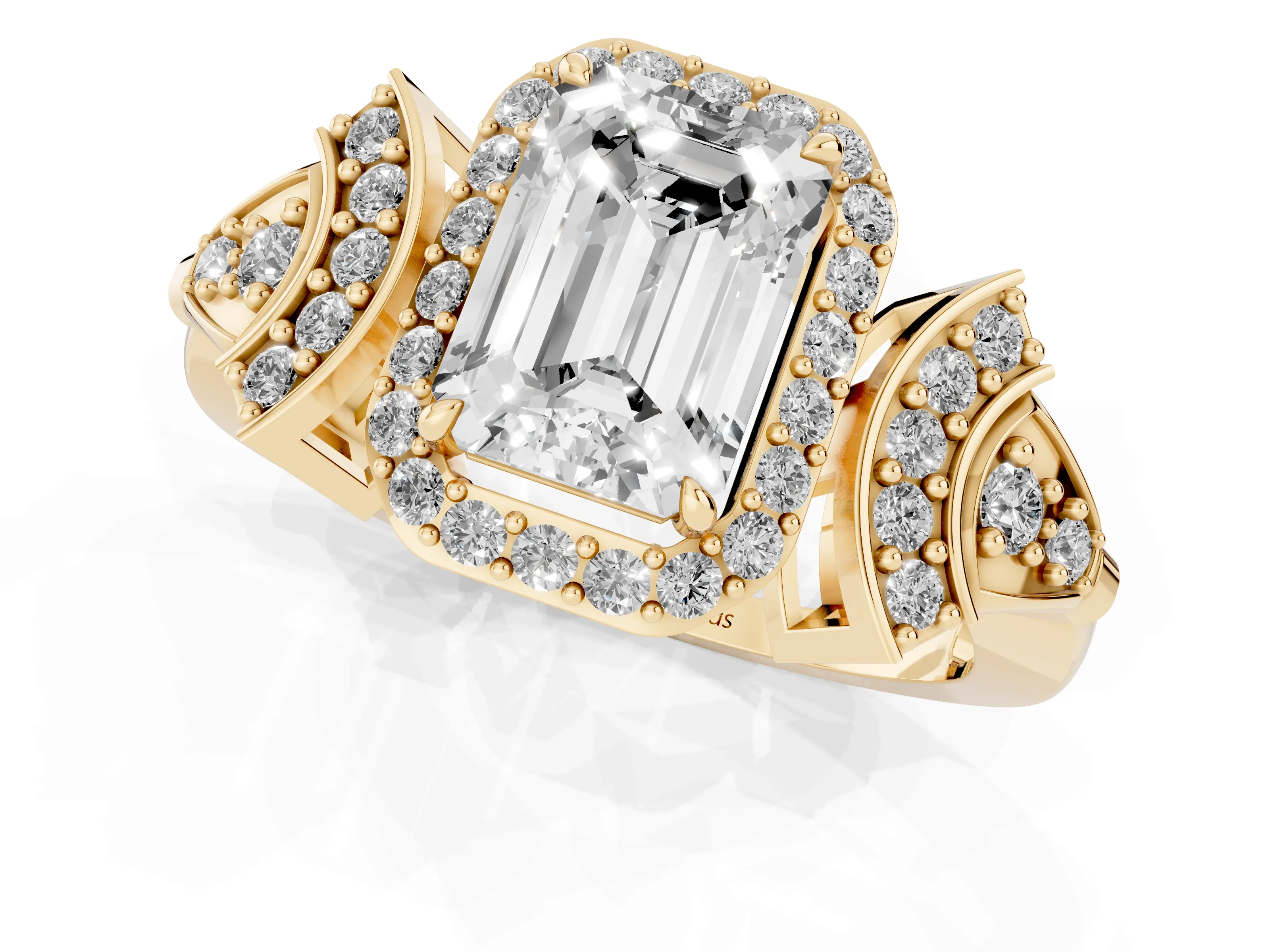 Emerald Cut Diamond Halo Engagement Ring Set in Yellow gold with Accent Stone Split Shank