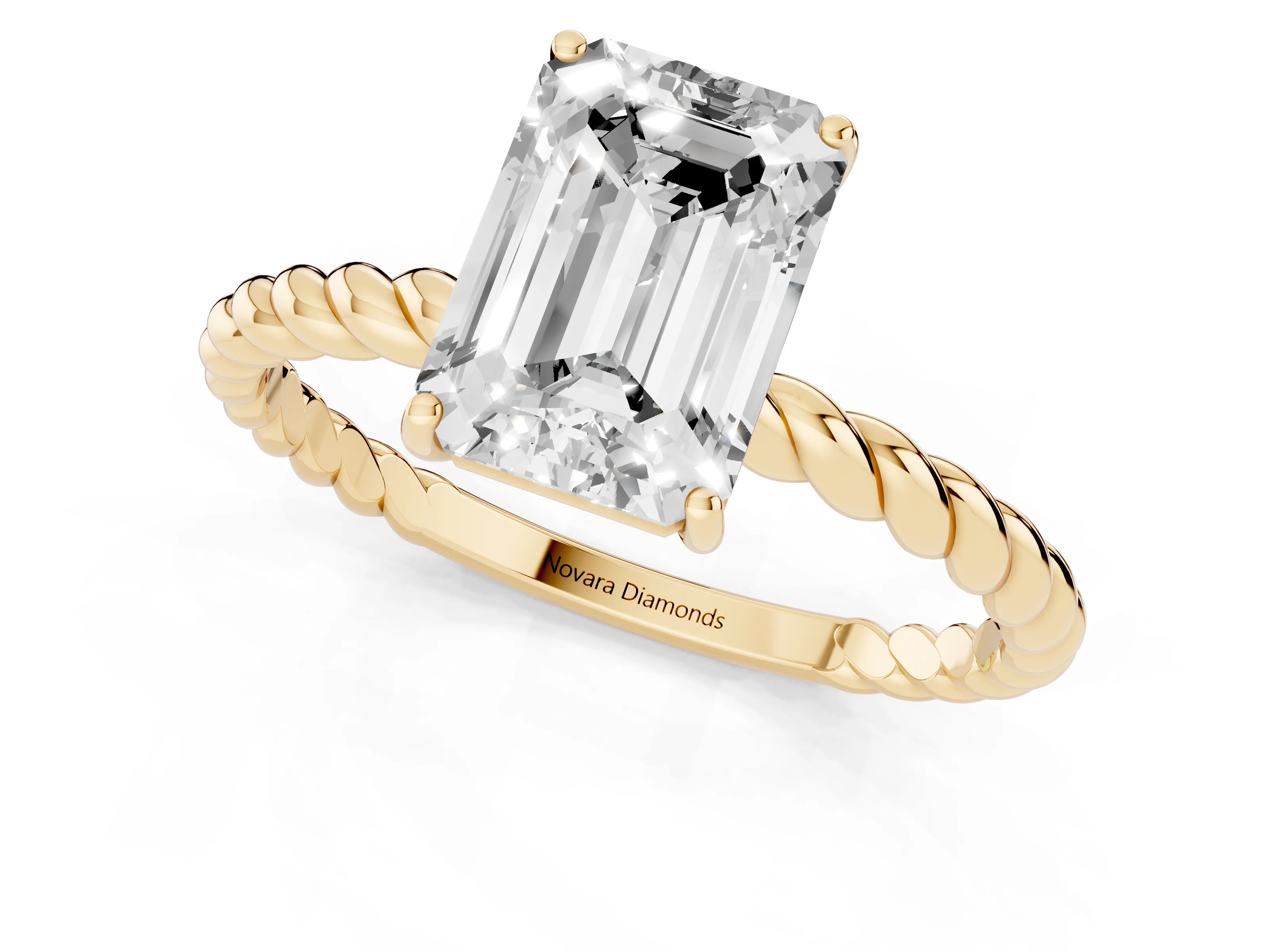 Emerald Cut Diamond Solitaire Ring Set in Yellow gold with Twist Band and Prong Setting