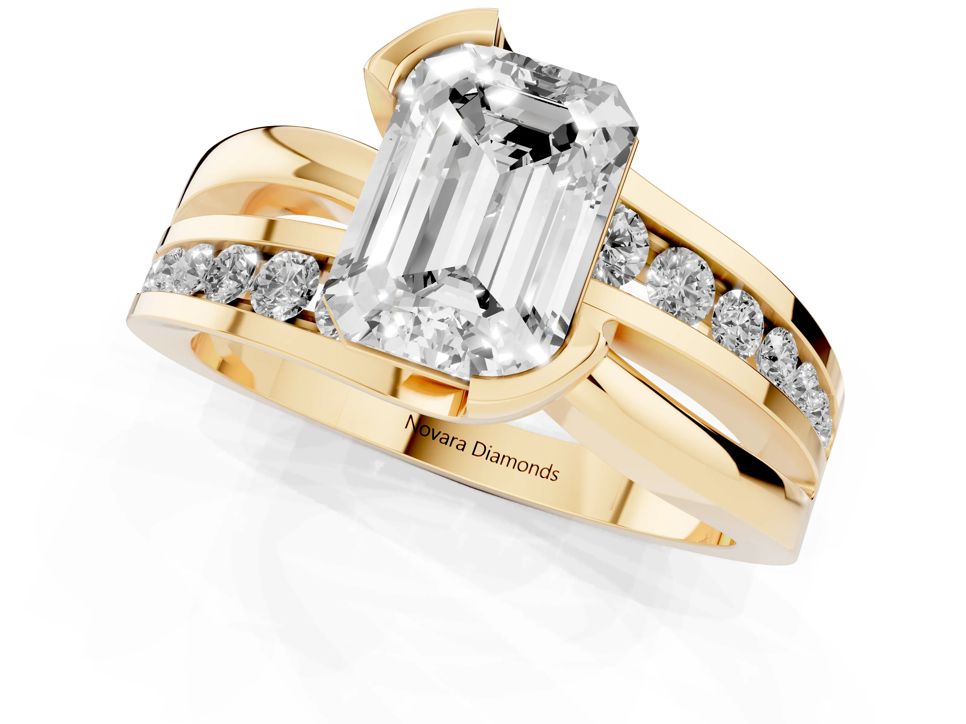 Emerald Cut Diamond Solitaire Ring Set in Yellow gold with Channel Set Split Shank and Tension Prongs