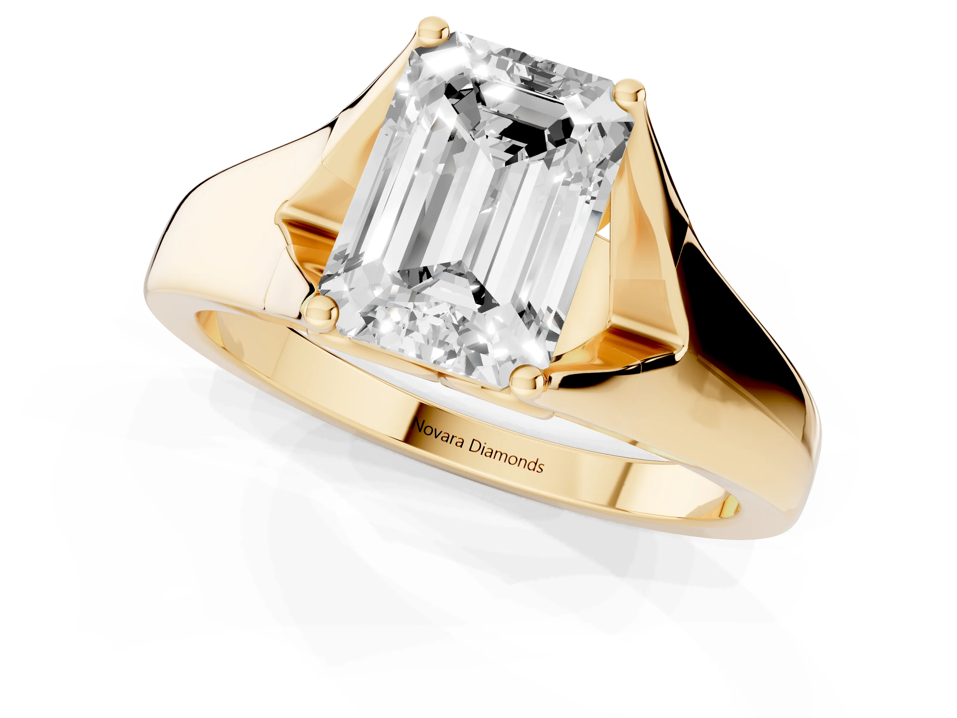 Emerald Cut Diamond Solitaire Ring Set in Yellow gold with Arched Cathedral Band and Prong Setting