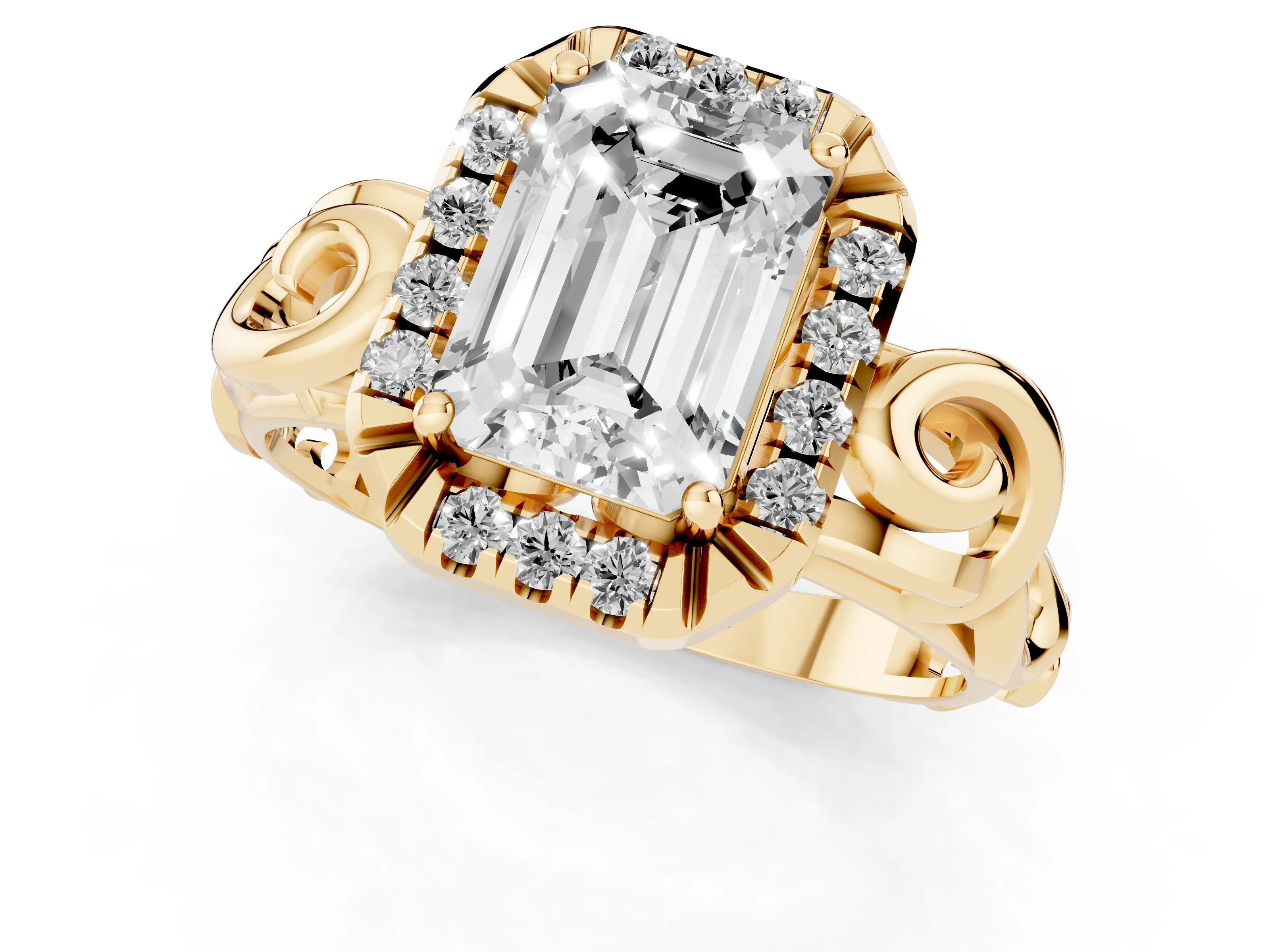 Emerald Cut Diamond Halo Ring Set in Yellow gold with Scrollwork Band and Prong Setting
