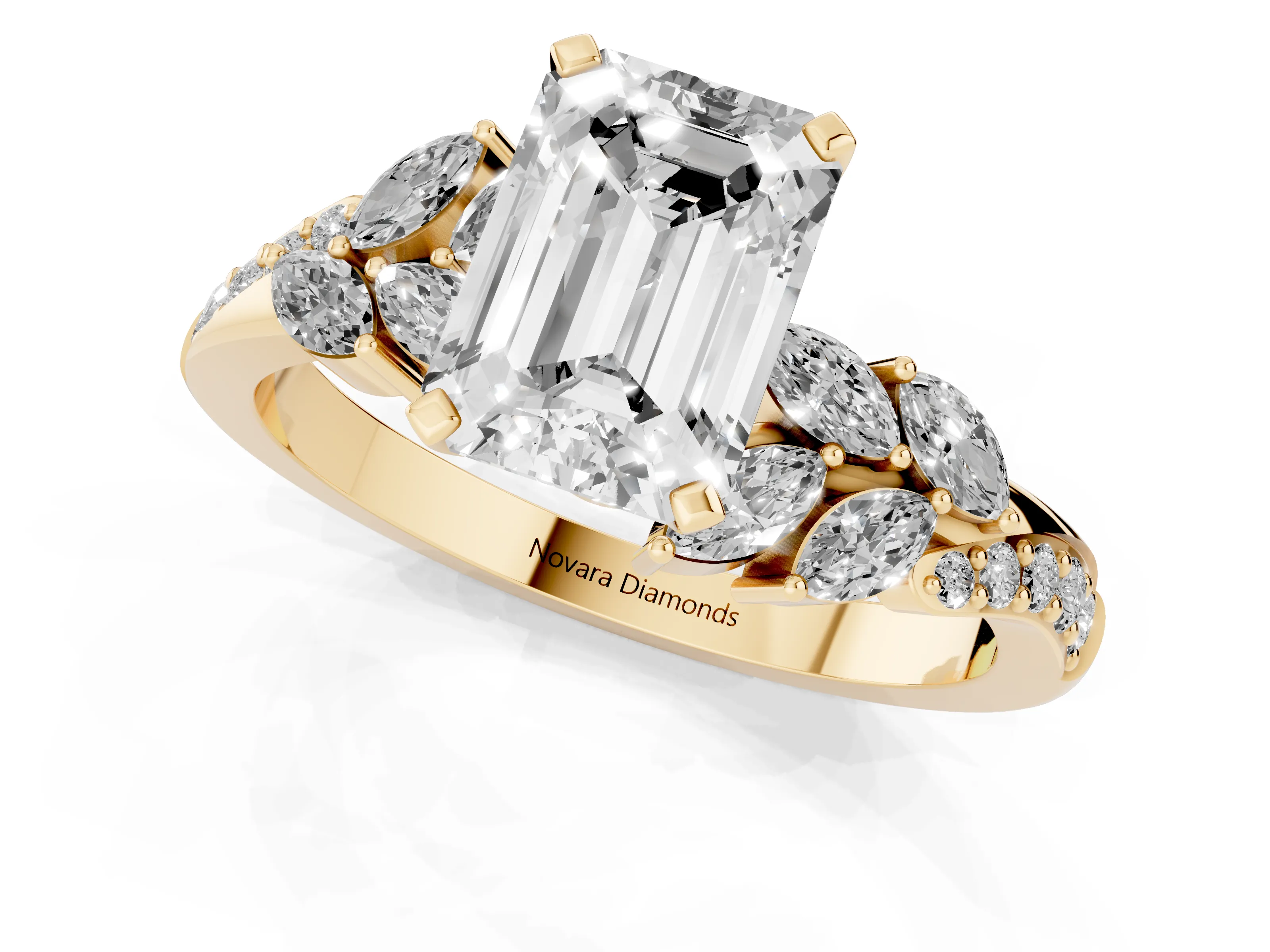 Emerald Cut Diamond Solitaire Ring Set in Yellow gold with Marquise Twist Band and Prong Setting