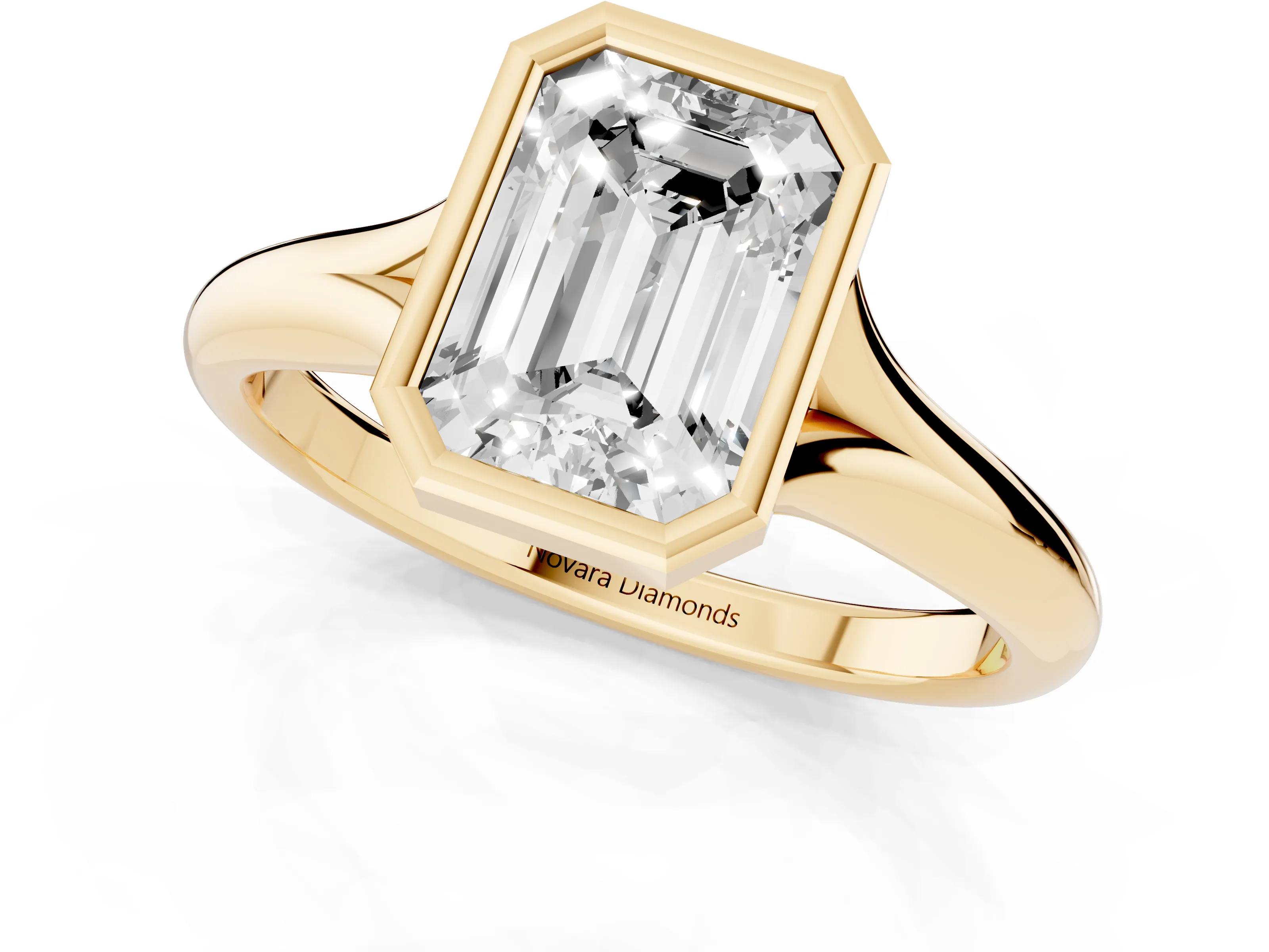 Bezel Set Emerald Cut Diamond Solitaire Ring Set in Yellow gold with Smooth Band