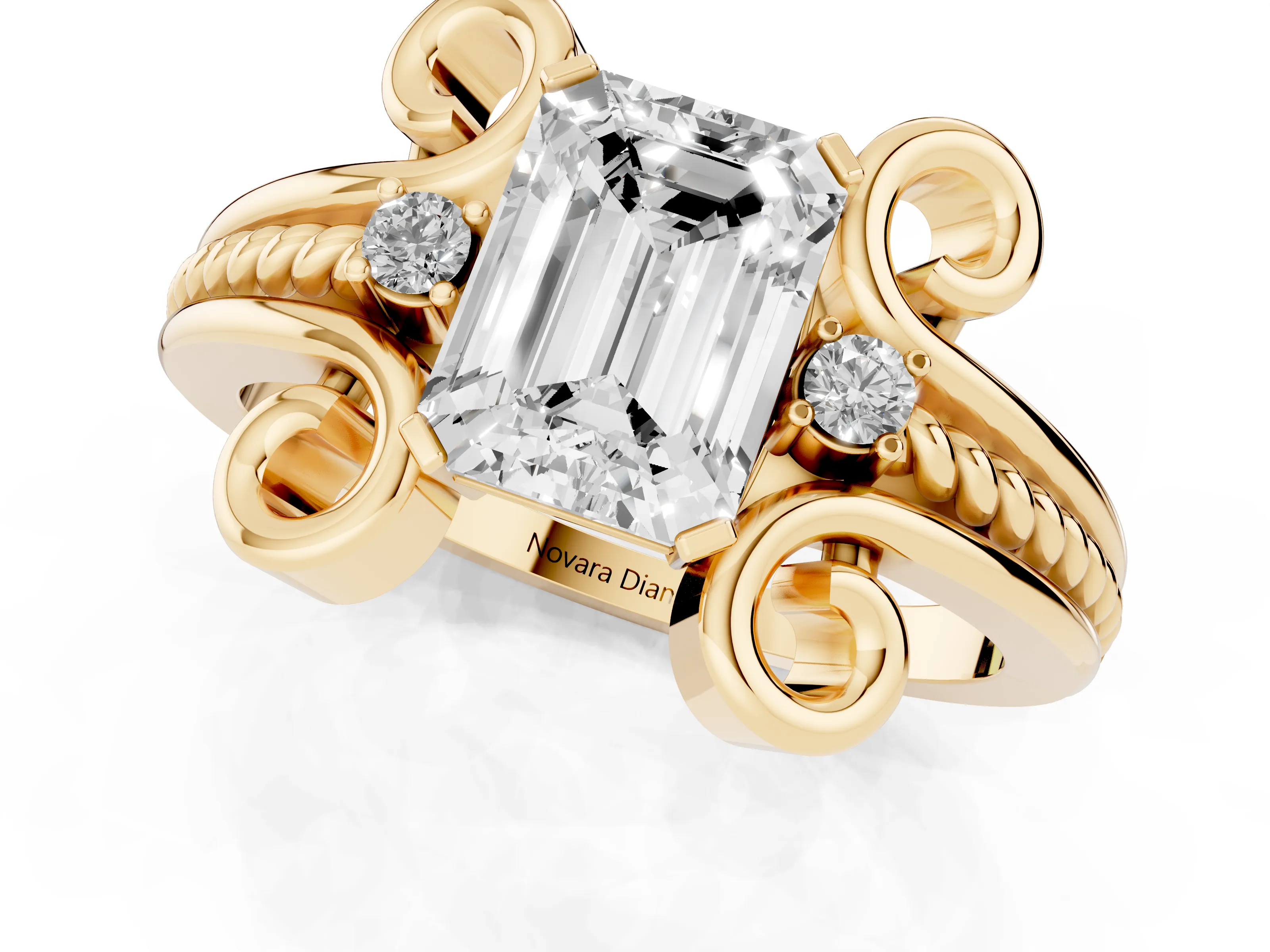 Emerald Cut Diamond Twisted Band Solitaire Ring Set in Yellow gold with Scroll Prongs