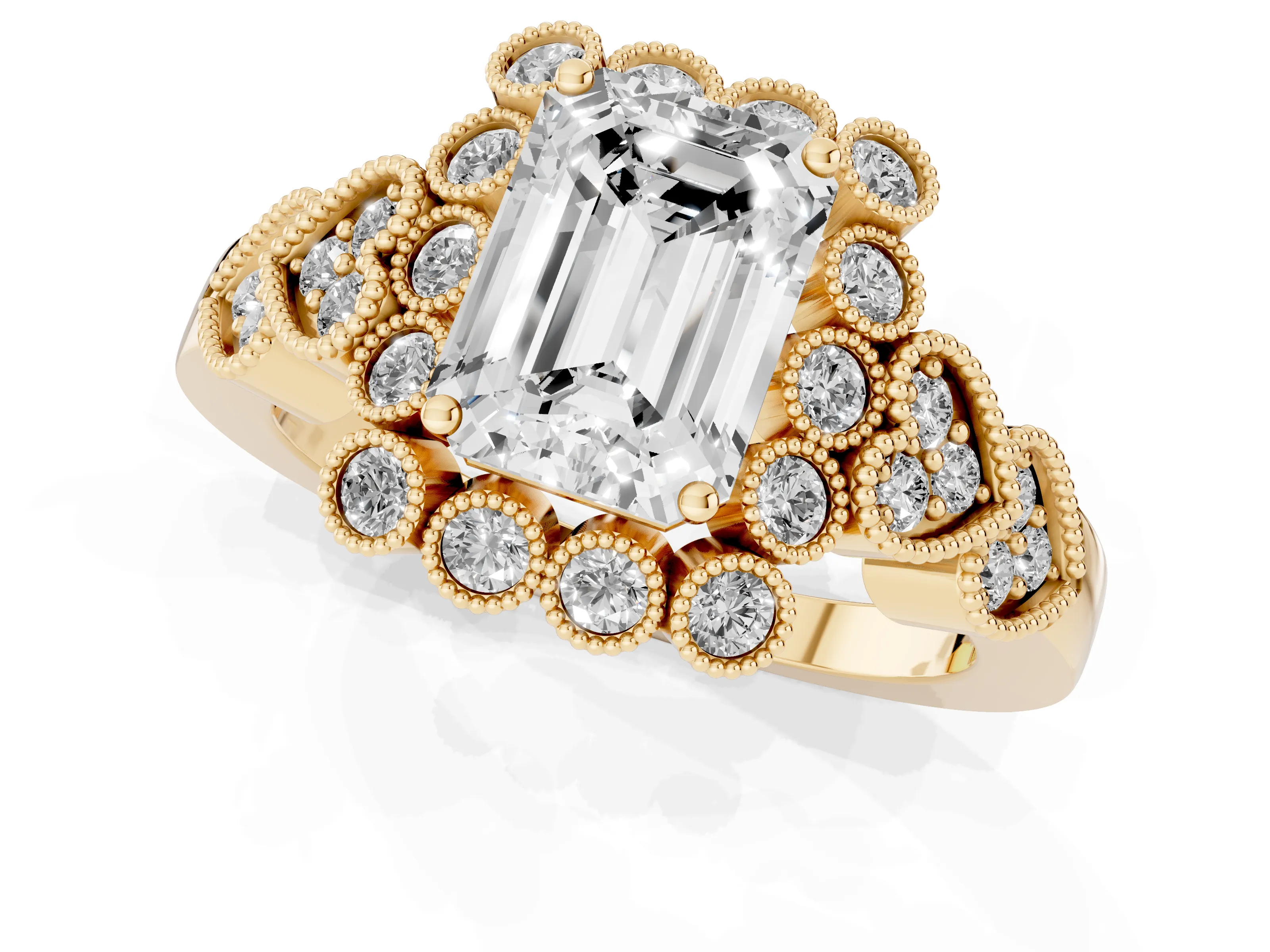 Emerald Cut Diamond Solitaire Ring Set in Yellow gold with Milgrain Pavé Heart Band