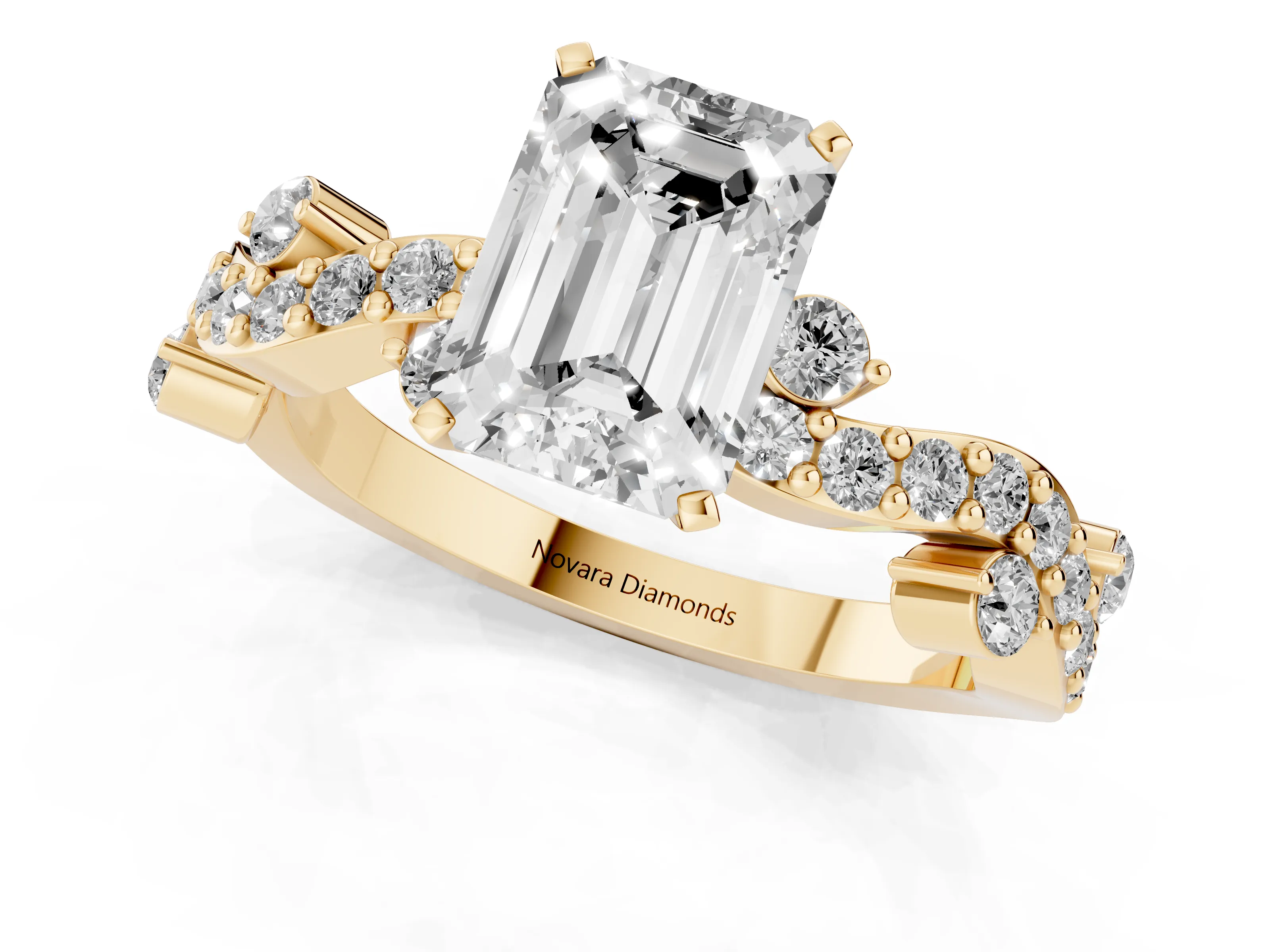 Emerald Cut Diamond Solitaire Twisted Band Set in Yellow gold with Pavé Setting