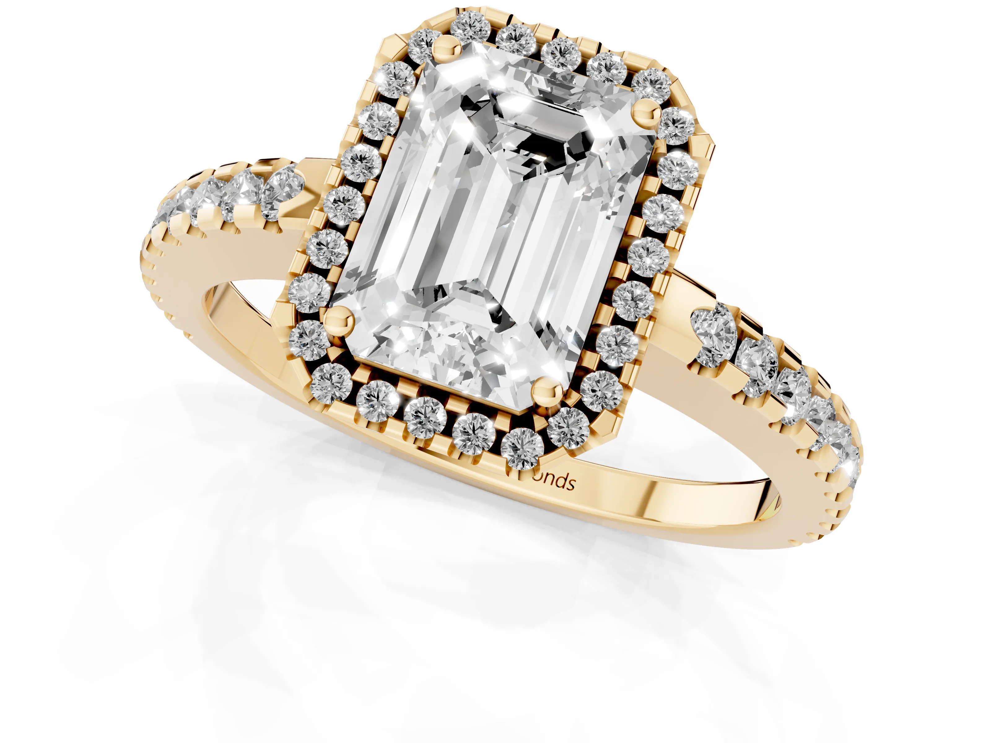 Emerald Cut Diamond Halo Ring Set in Yellow gold with Pavé Shoulders and Halo-Framed Center