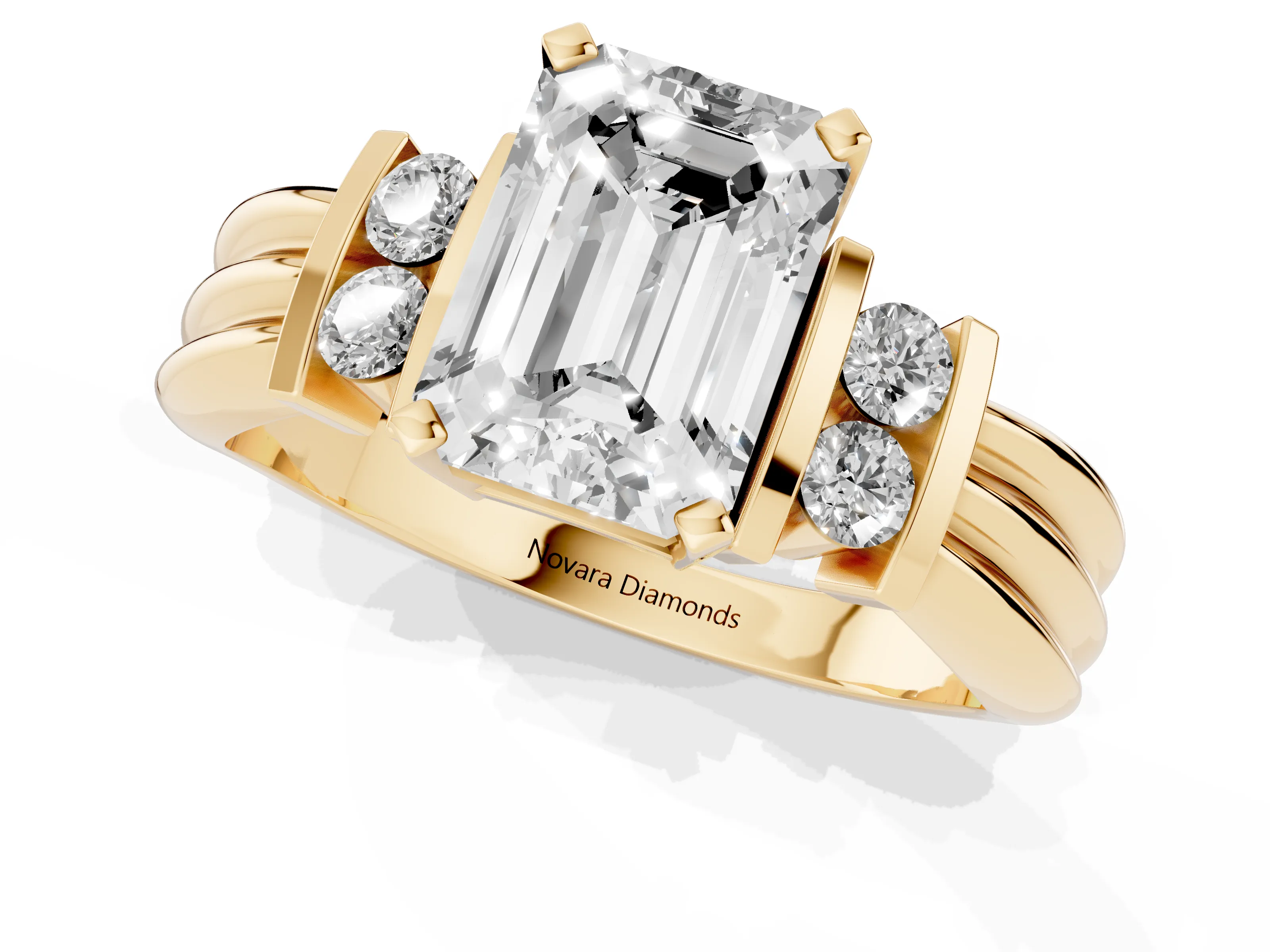 Three-Stone Emerald Cut Diamond Channel Set Ring Set in Yellow gold with Bar Prongs