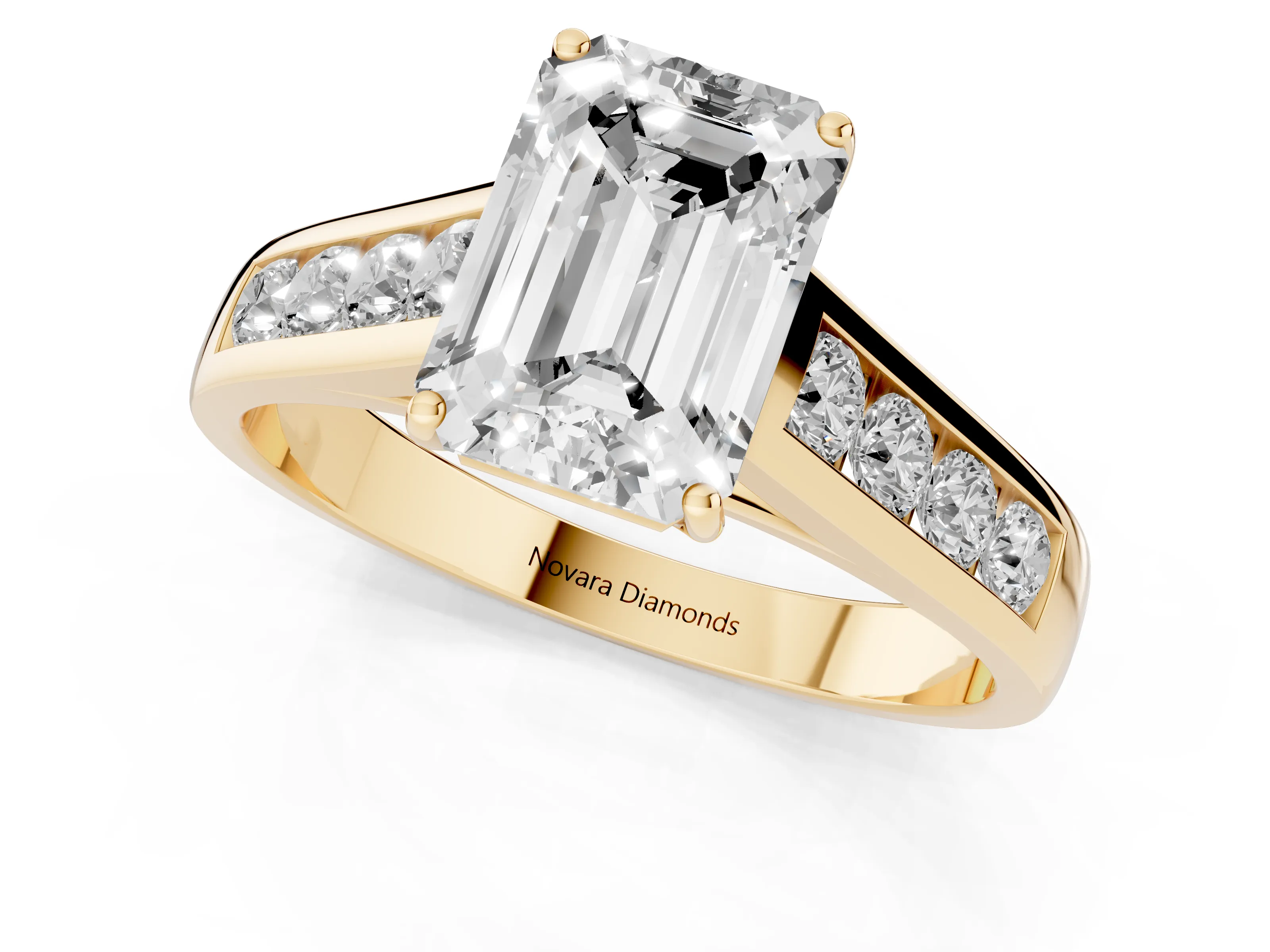 Emerald Cut Diamond Solitaire Channel-Set Engagement Ring Set in Yellow gold with Prong Setting