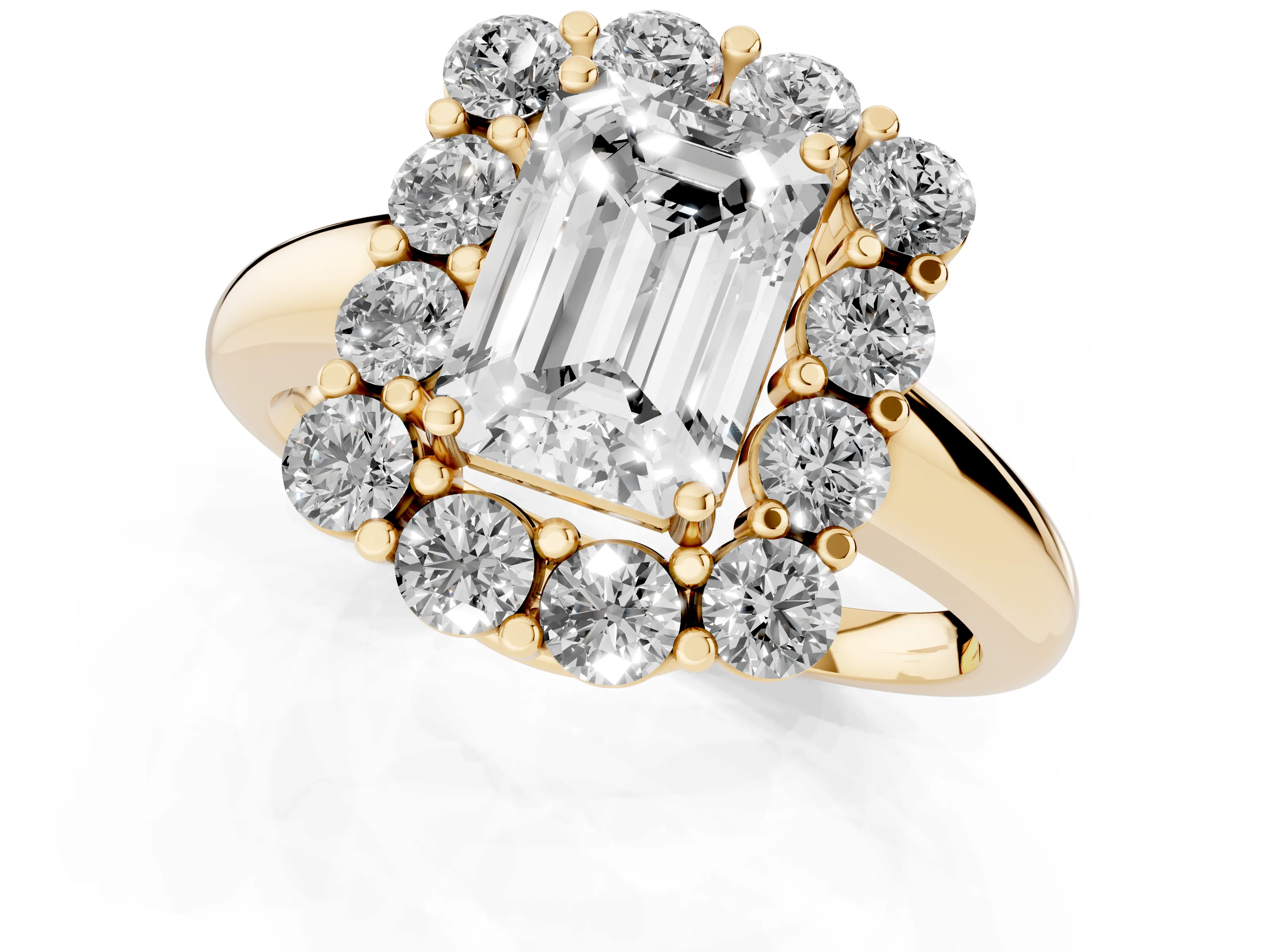 Emerald Cut Diamond Halo Cluster Engagement Ring Set in Yellow gold with Polished Band and Prong Setting