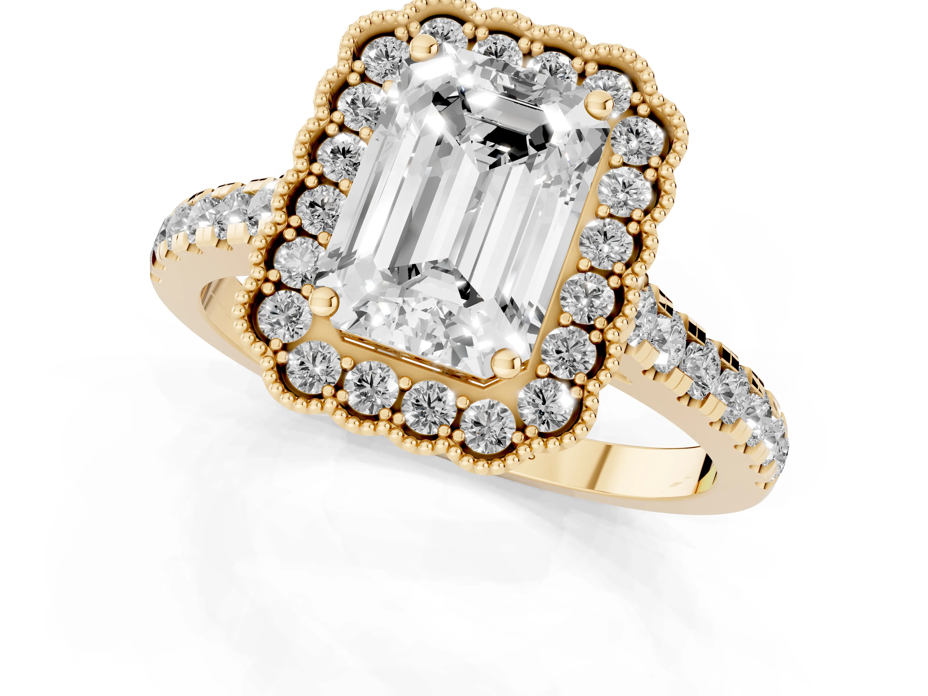 Emerald Cut Diamond Milgrain Floral Halo Engagement Ring Set in Yellow gold with Pavé Band