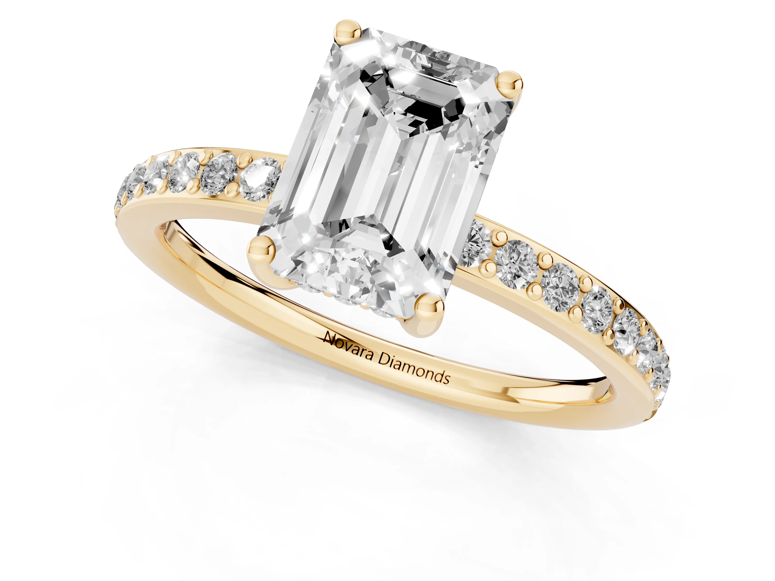 Emerald Cut Diamond Pavé Band Ring Set in Yellow gold with Prong-Set Center Stone
