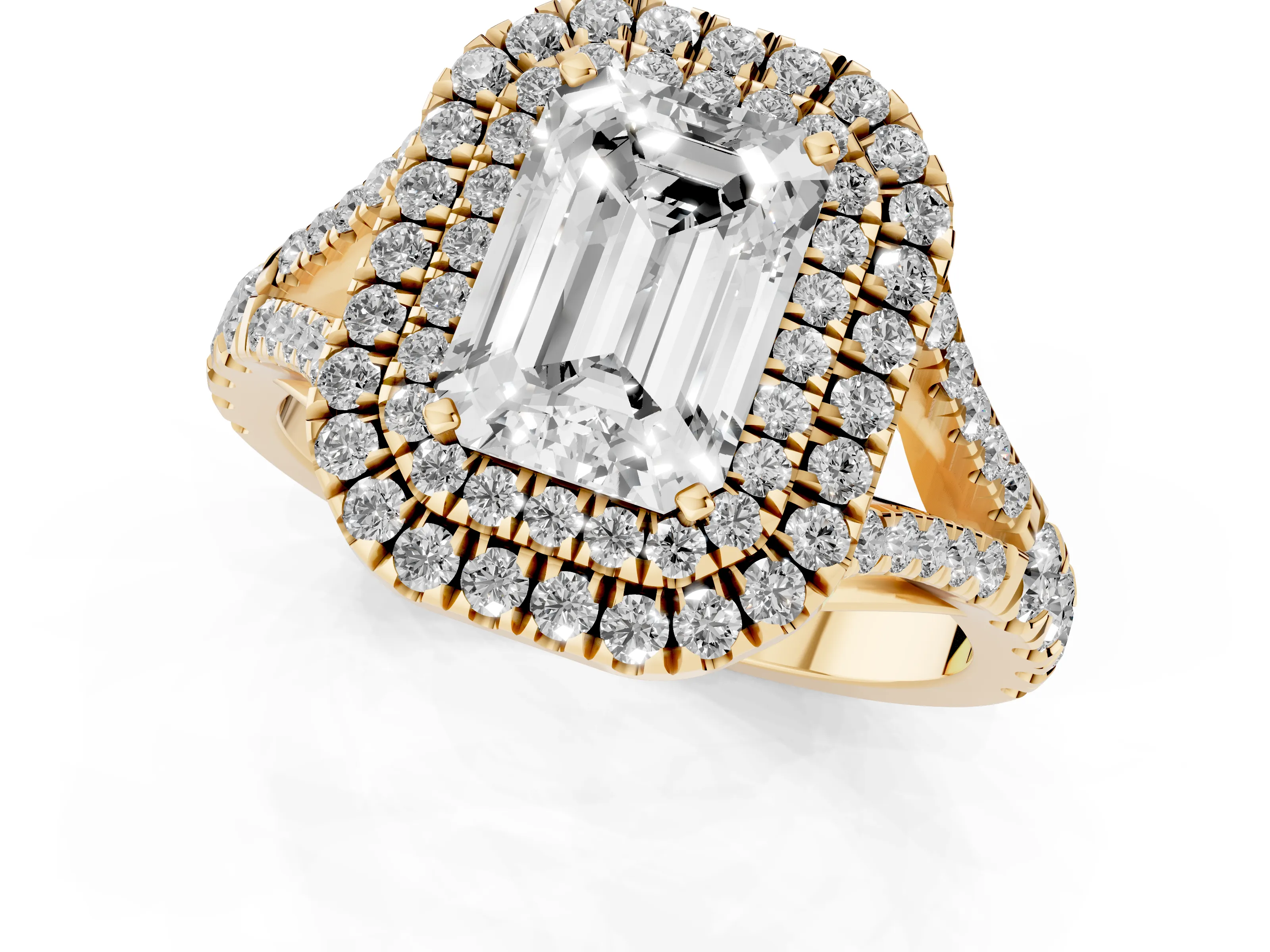 Emerald Cut Diamond Pavé Split Shank Double Halo Engagement Ring Set in Yellow gold