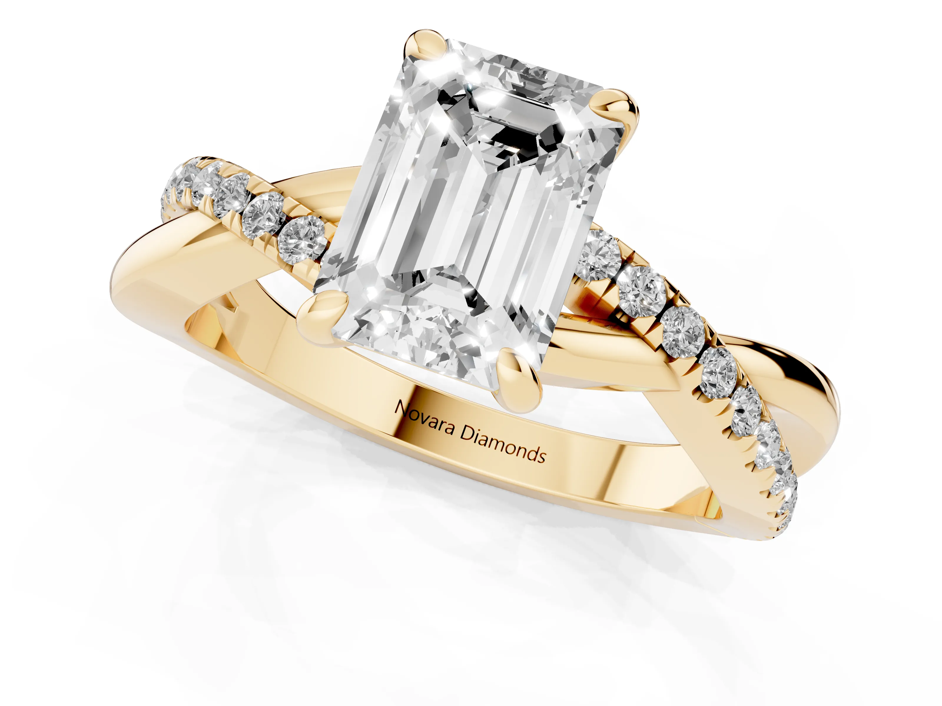 Emerald Cut Diamond Twist Band Pavé Solitaire Ring Set in Yellow gold with Prong Setting