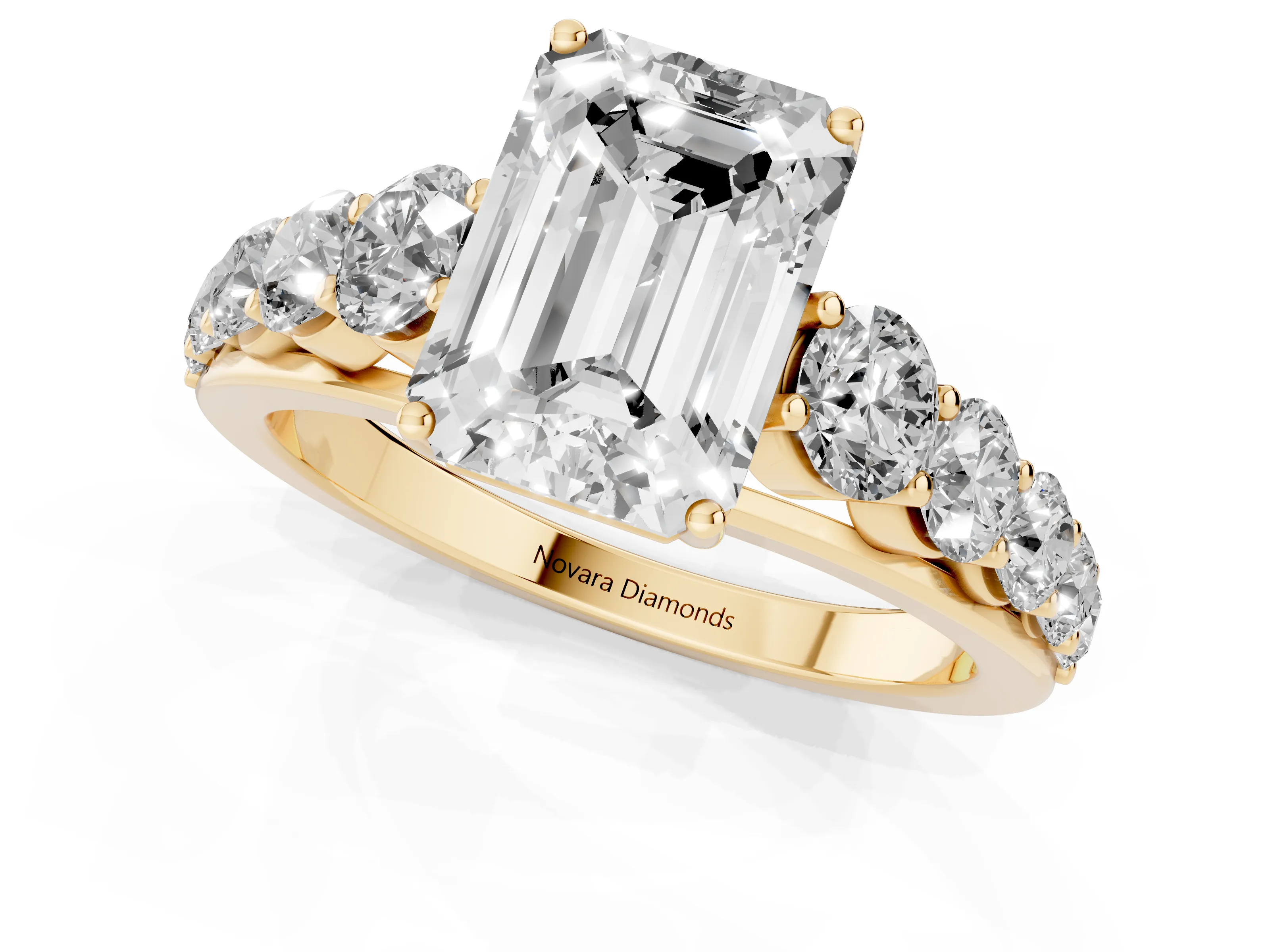 Emerald Cut Diamond Solitaire Ring Set in Yellow gold with Pavé-Set Band and Prong Setting