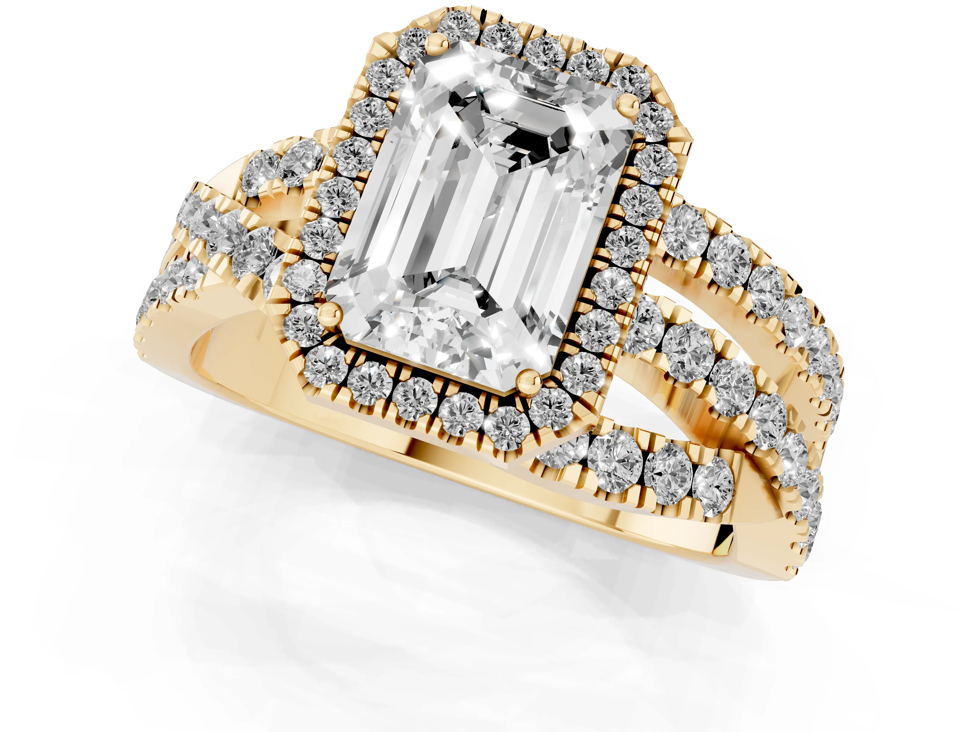 Emerald Cut Diamond Halo Ring Set in Yellow gold with Round Crossover Split Shank and Prong Setting