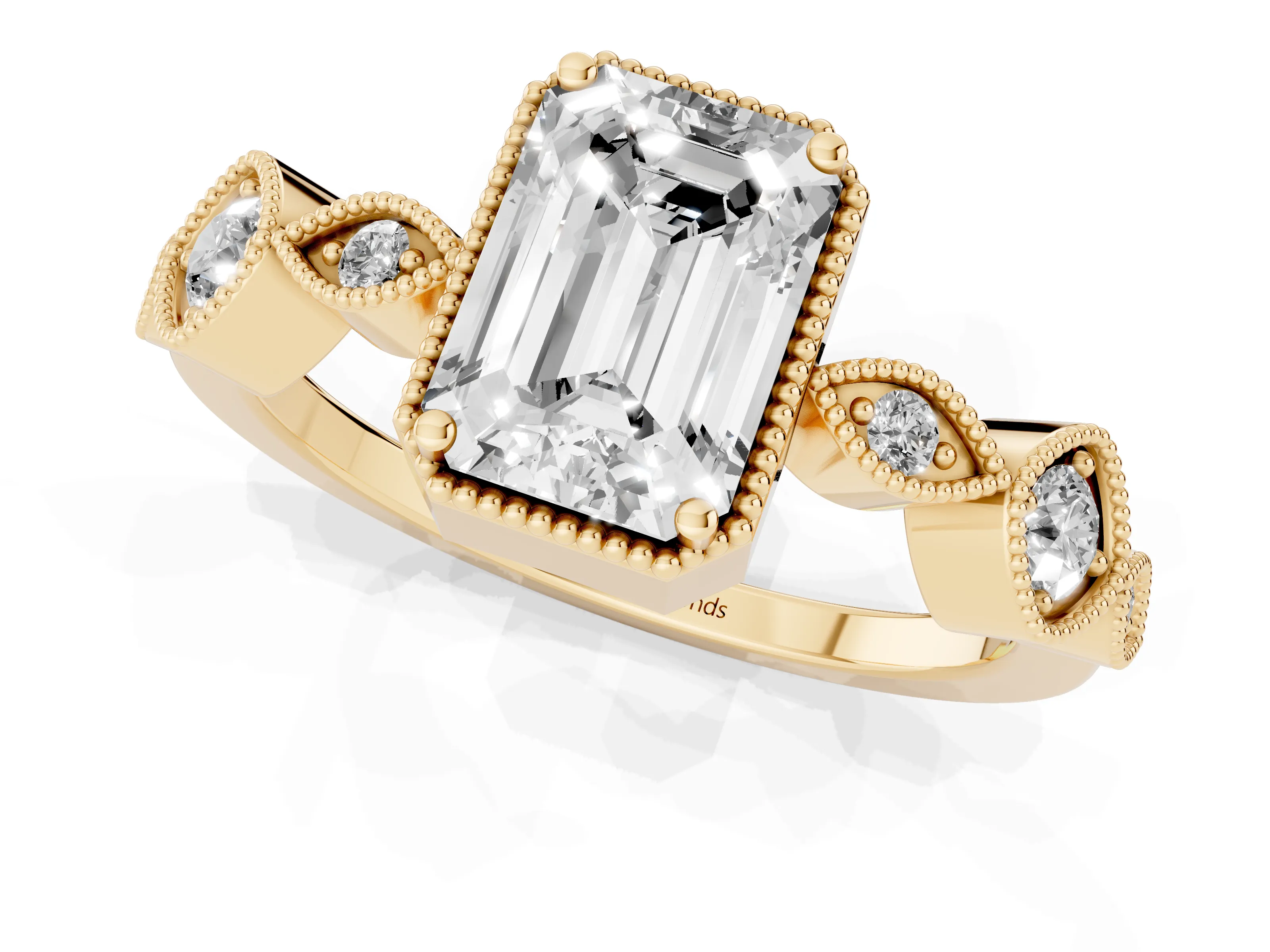 Emerald Cut Diamond Vintage-Inspired Milgrain Ring Set in Yellow gold with Marquise Stations of Round Accents