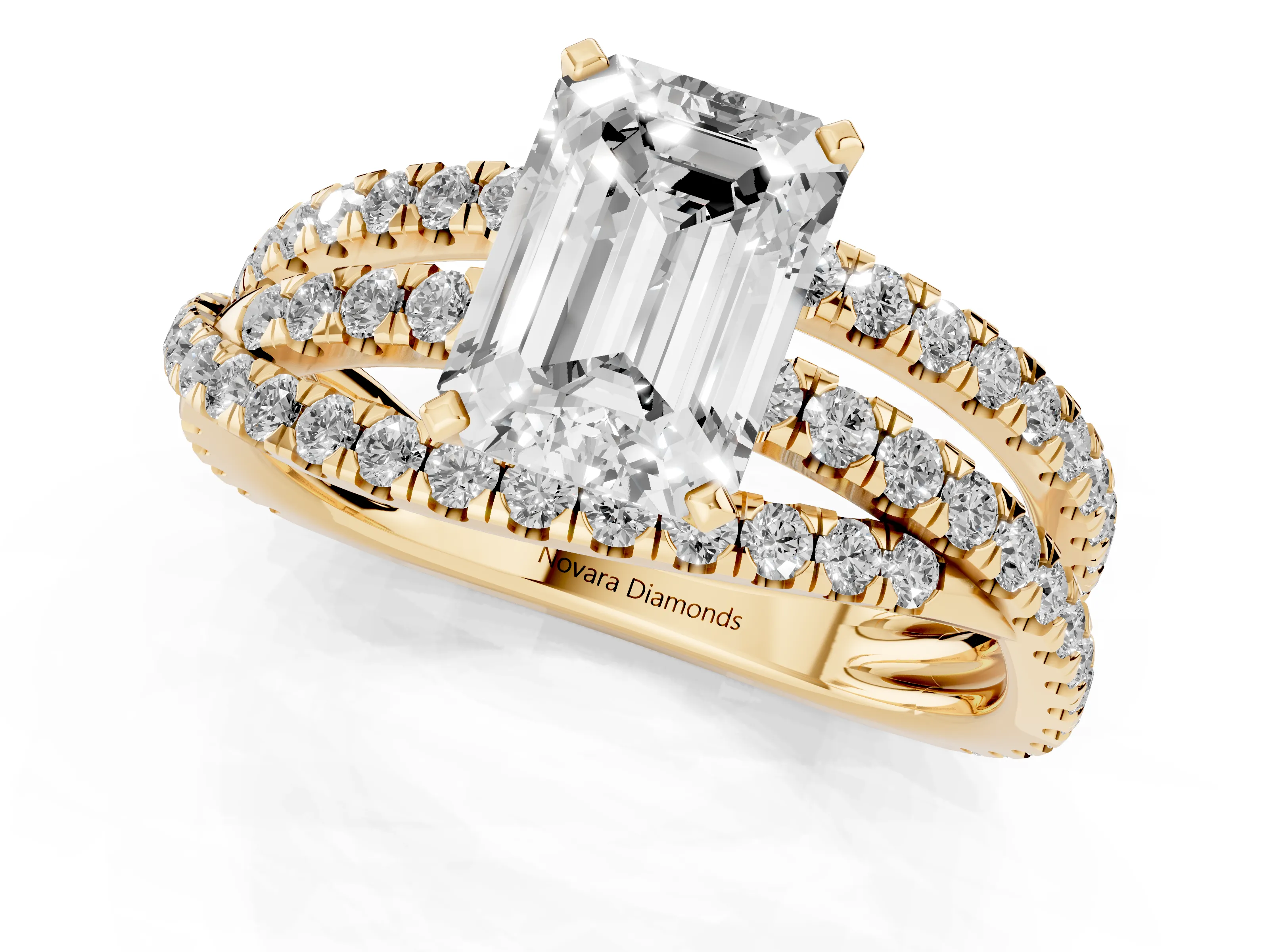 Emerald Cut Diamond Solitaire Twist Band Ring Set in Yellow gold with Pavé Setting and Prong Head