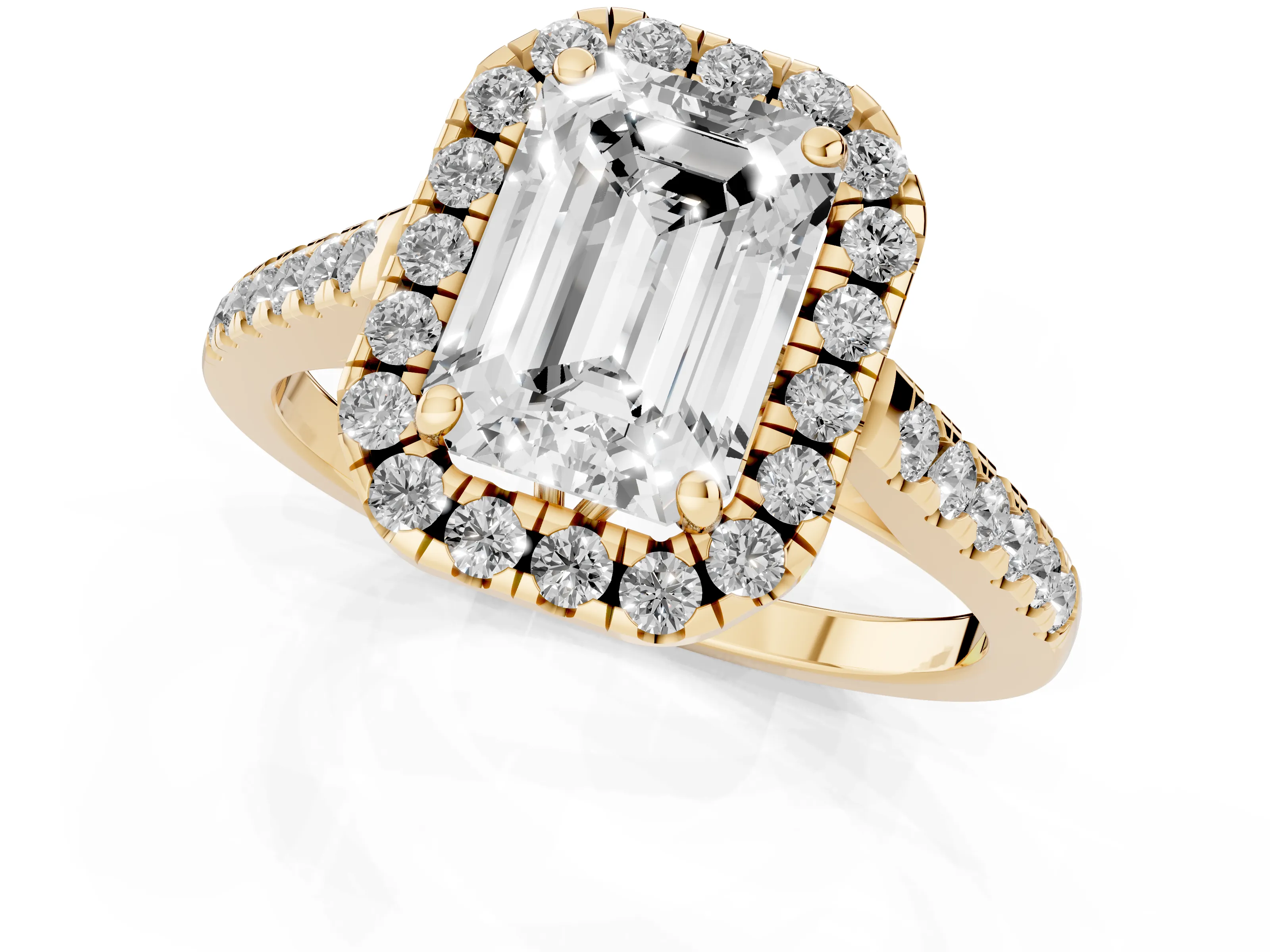 Emerald Cut Diamond Pavé Halo Engagement Ring Set in Yellow gold with Pavé Band and Prong Setting