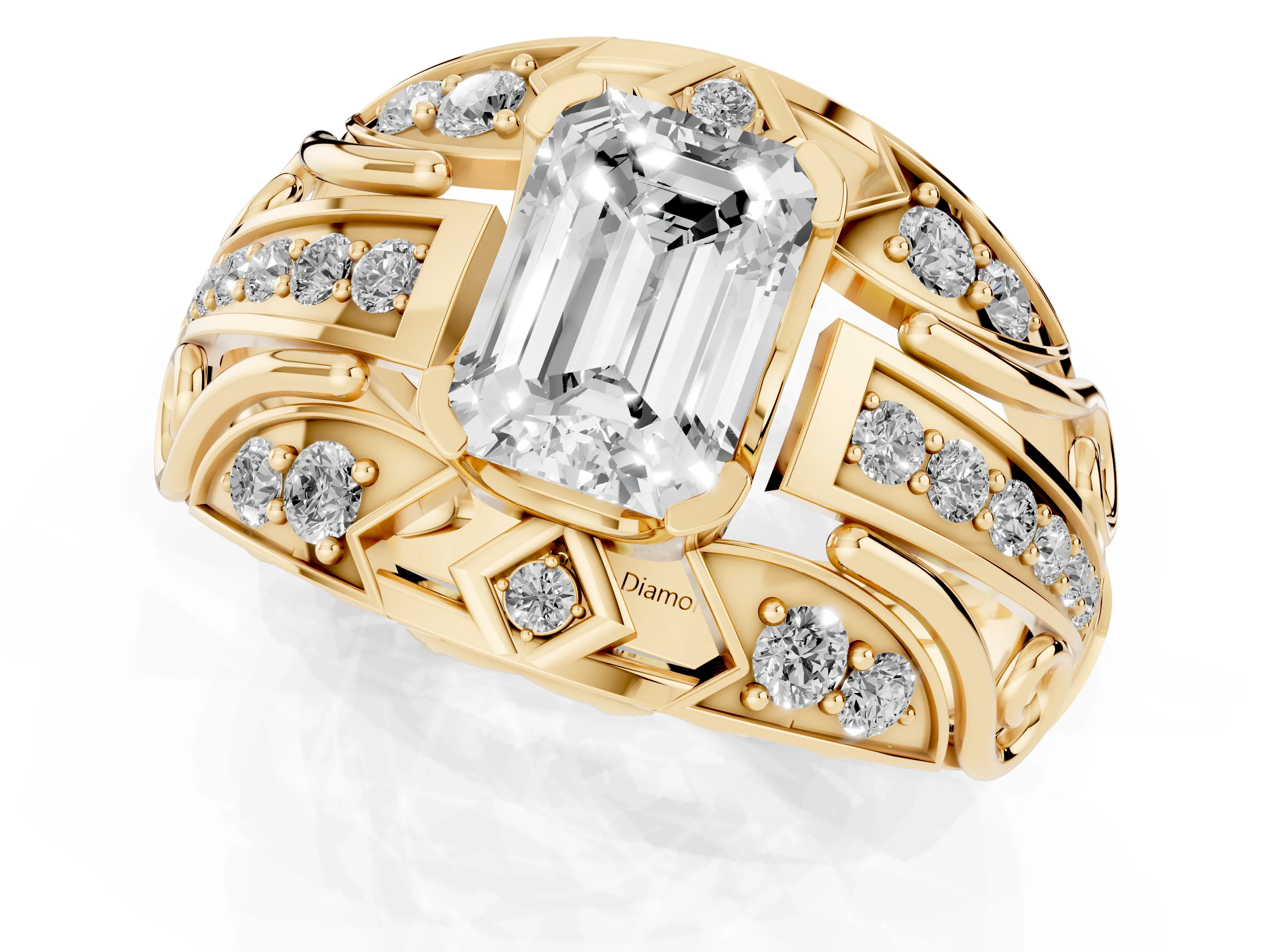 Emerald Cut Diamond Art Deco Ring Set in Yellow gold with Pavé Split Shank