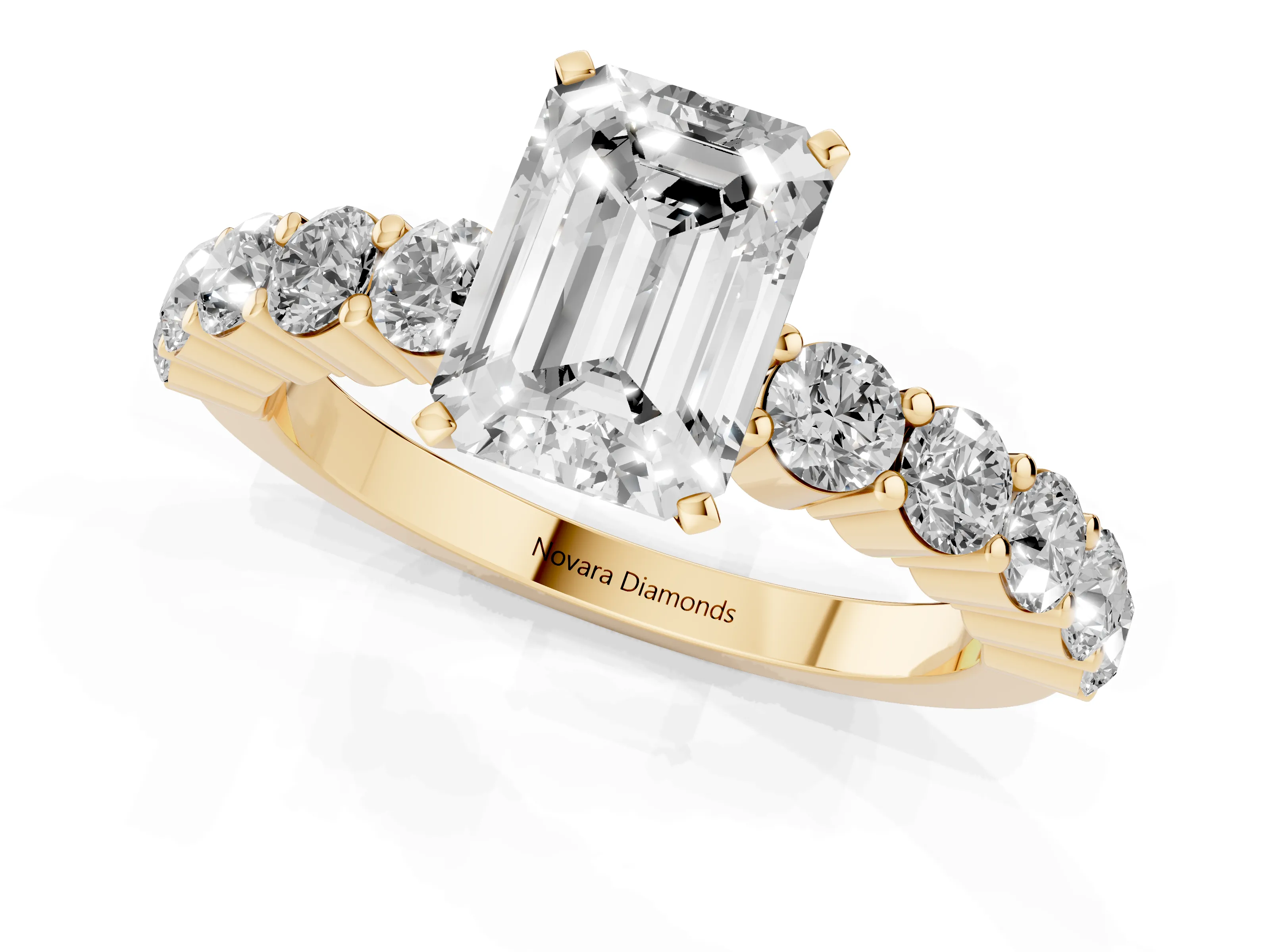 Emerald Cut Diamond Solitaire Ring Set in Yellow gold with Shared Prong Round Side Stones