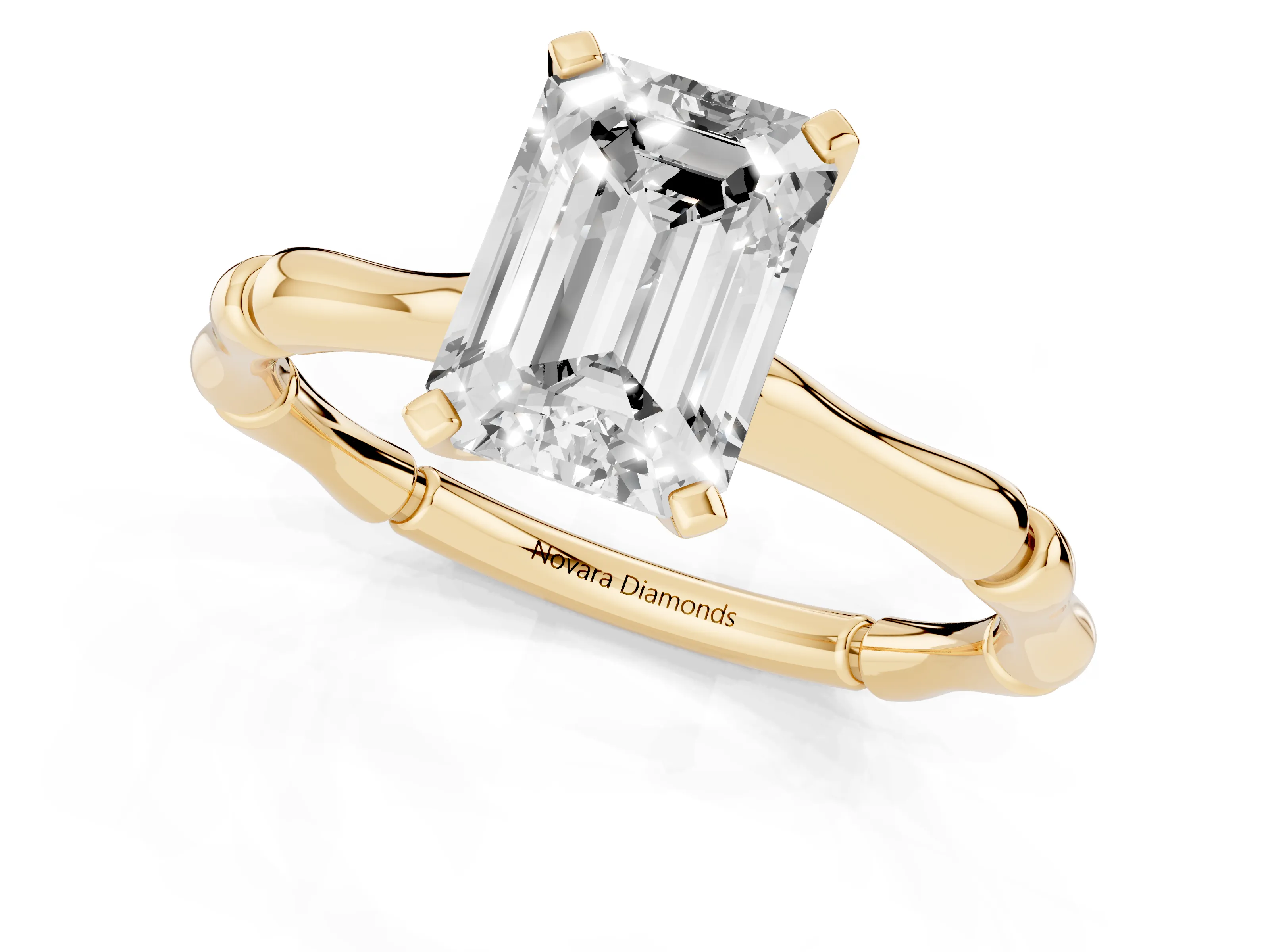 Emerald Cut Diamond Solitaire Ring Set in Yellow gold with Bamboo Band and Prong Setting – second view