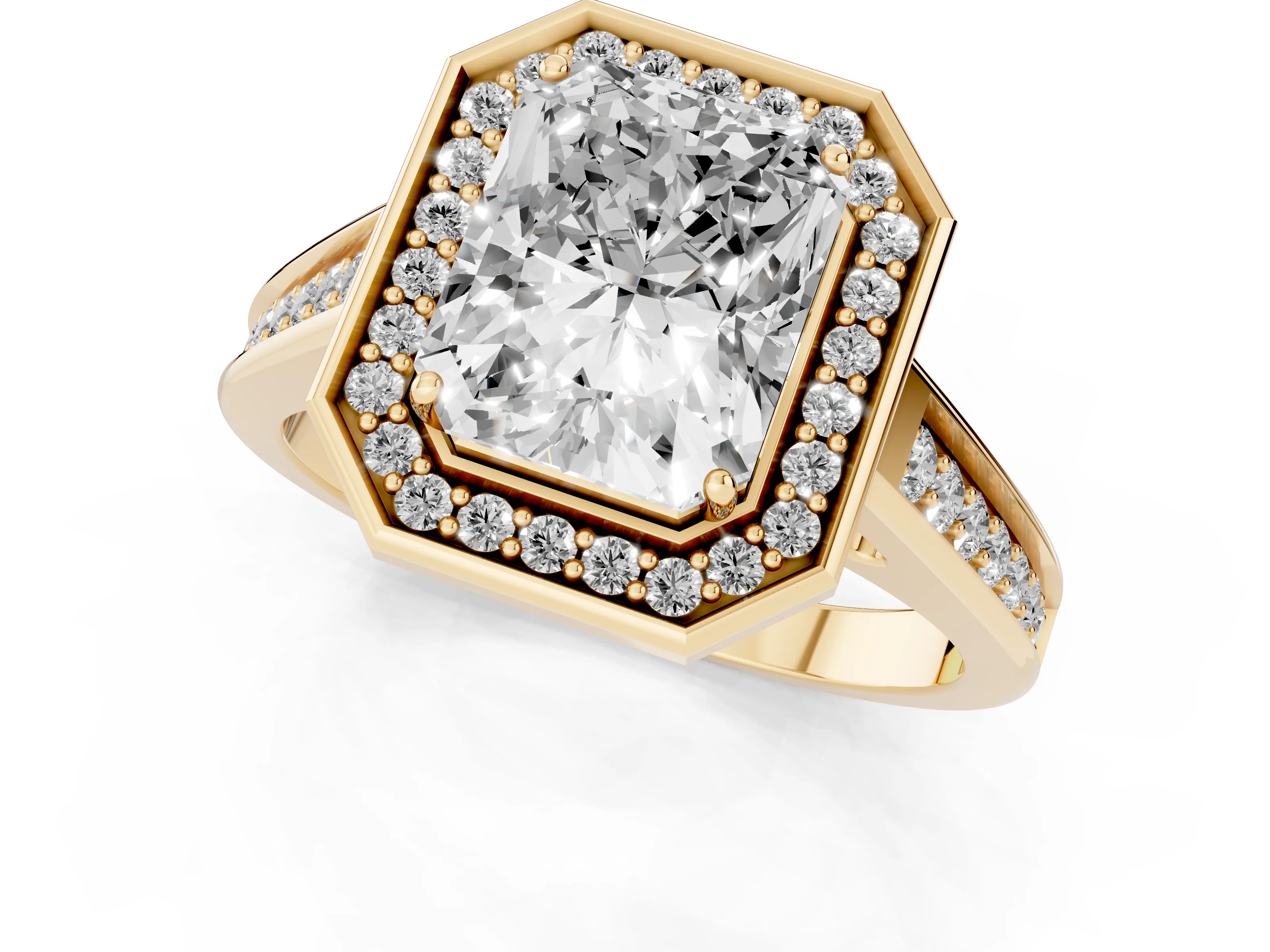 Emerald Cut Diamond Halo Solitaire Ring Set in Yellow gold with Pavé Band and Bezel Setting