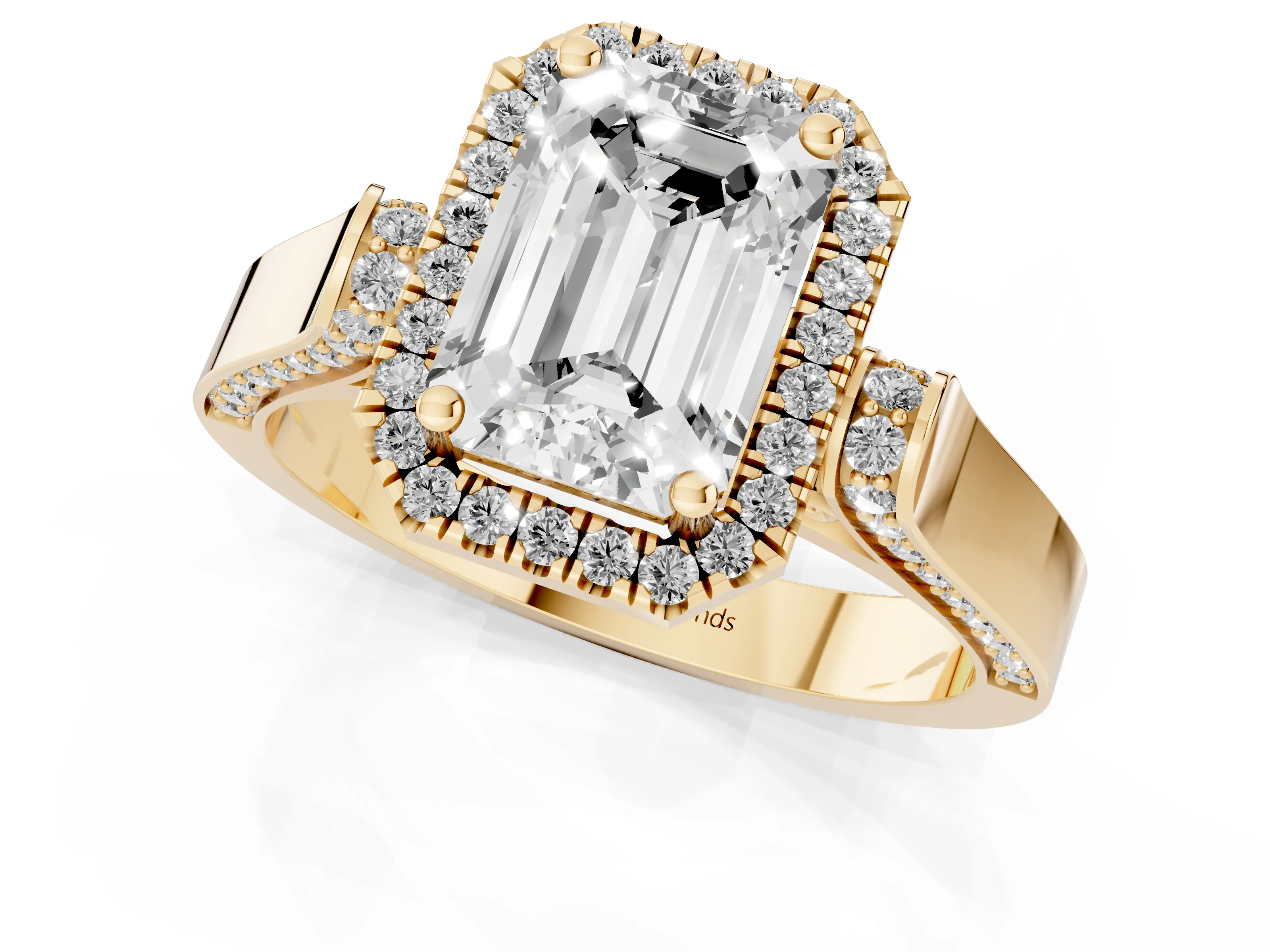 Emerald Cut Diamond Halo Ring Set in Yellow gold with Pavé-Lined Split Shank Band