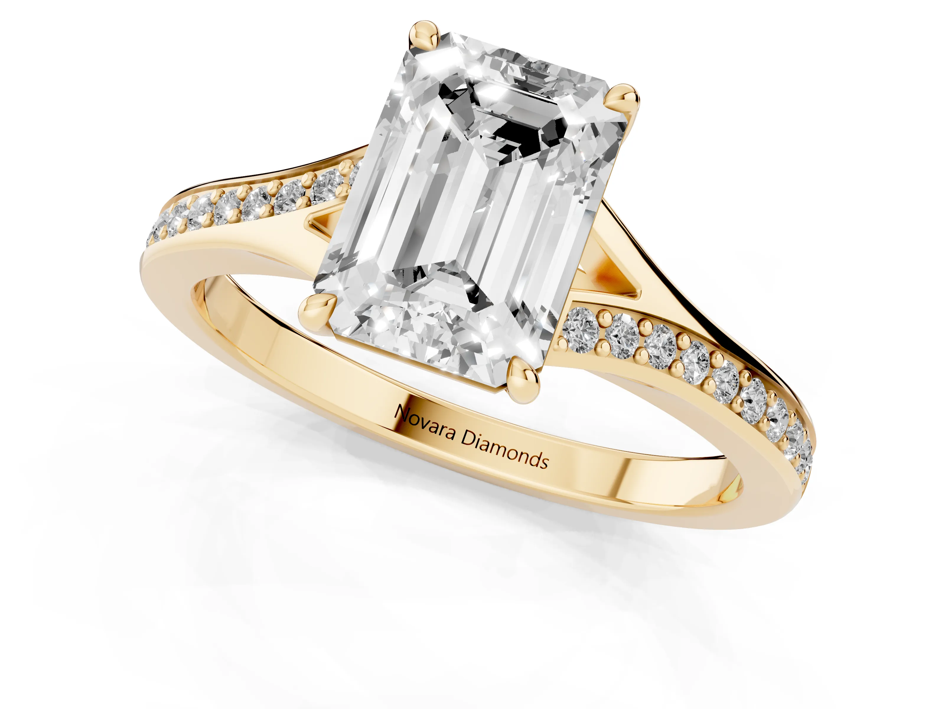 Emerald Cut Diamond Solitaire Ring Set in Yellow gold with Pavé Accent Band and Classic Prong Setting