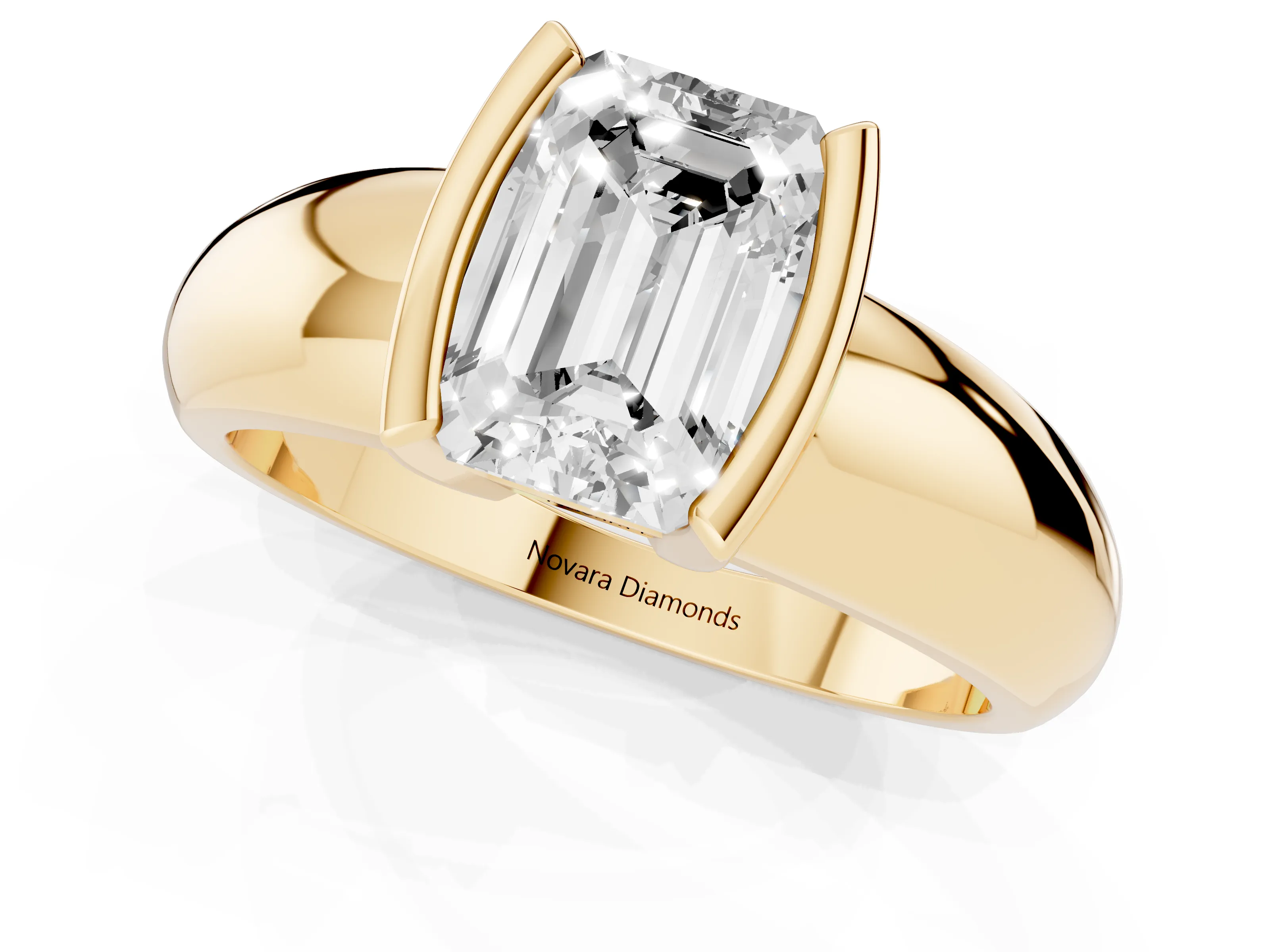 Emerald Cut Diamond Solitaire Tension Set Ring Set in Yellow gold with Wide Band